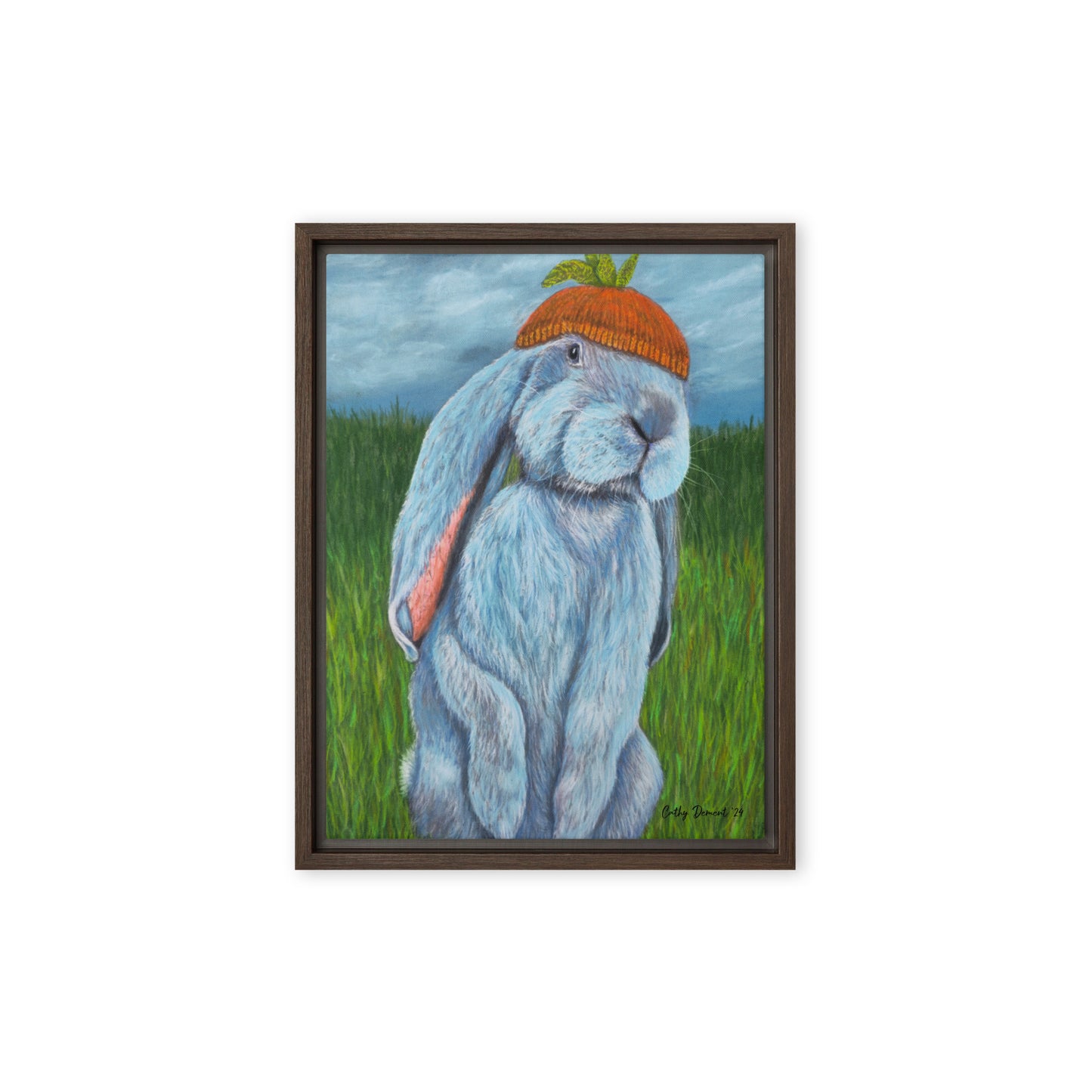 Framed Canvas Print - Carrot Couture, Whimsical Rabbit in Knit Carrot Cap, Wall Art by Cathy Dement