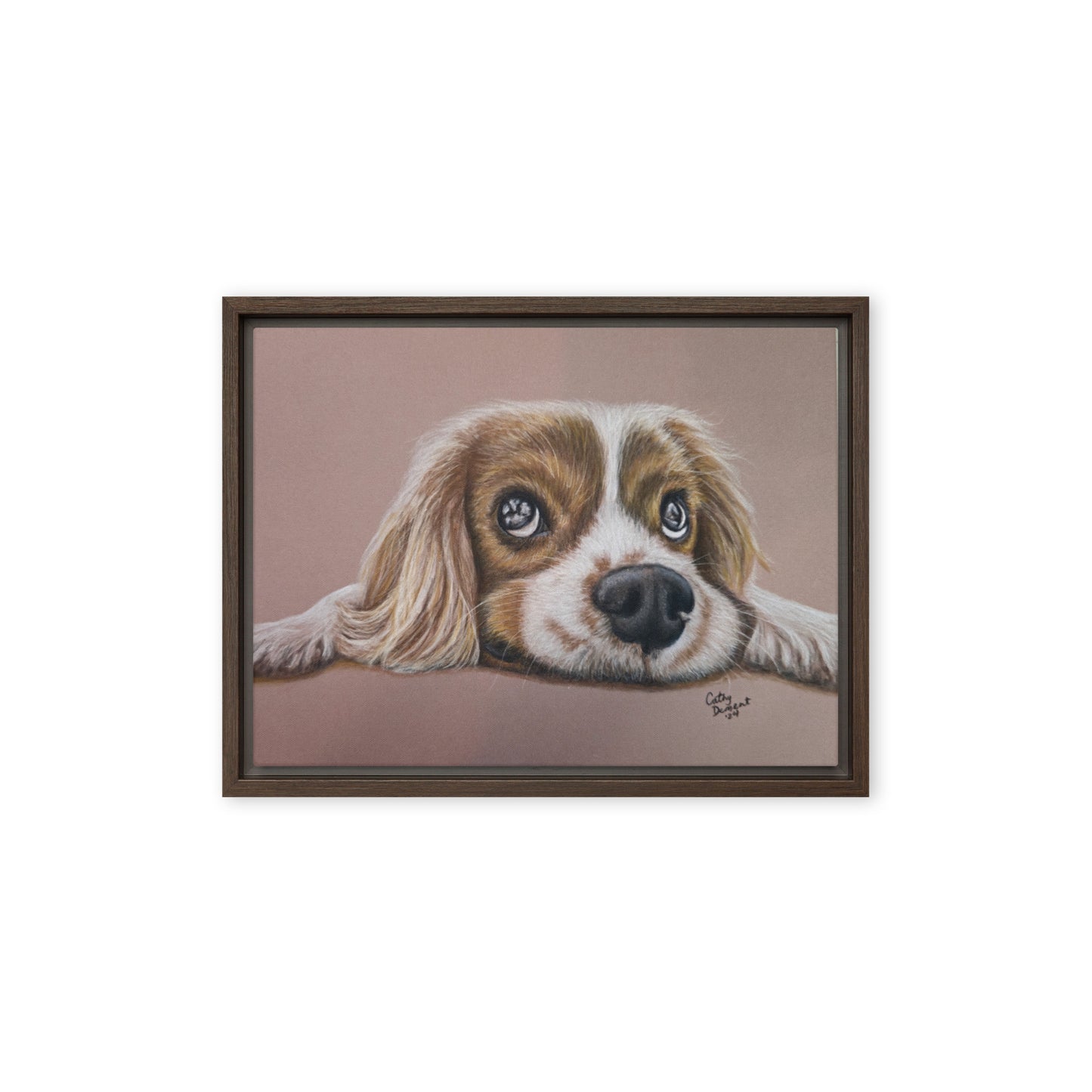 Framed Canvas Print - Cavalier Curiosity, King Charles Cavalier Spaniel Artwork, Cute Dog Wall Art by Cathy Dement, 3 Frame Colors