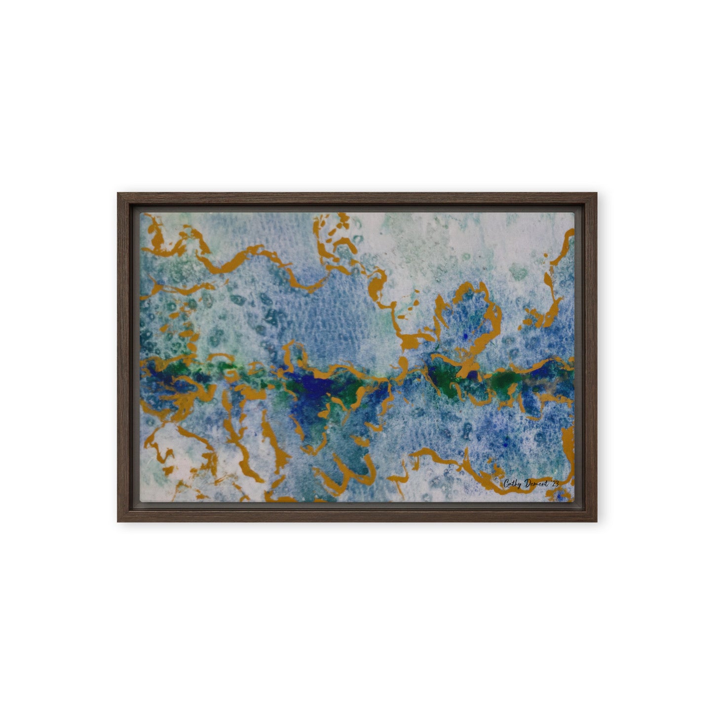 Framed Canvas Print - Celestial Dreamscape #2 - Abstract Watercolor, Blue, Green, and Gold Print, Wall Art