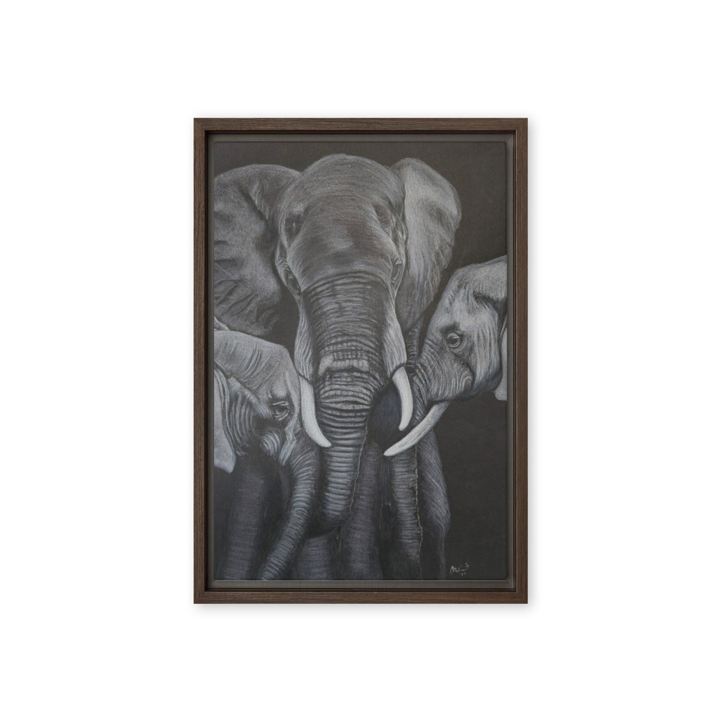 Framed Canvas Print - Strength in Numbers - Monochrome Elephant Family Artwork, Wall Art by Cathy Dement