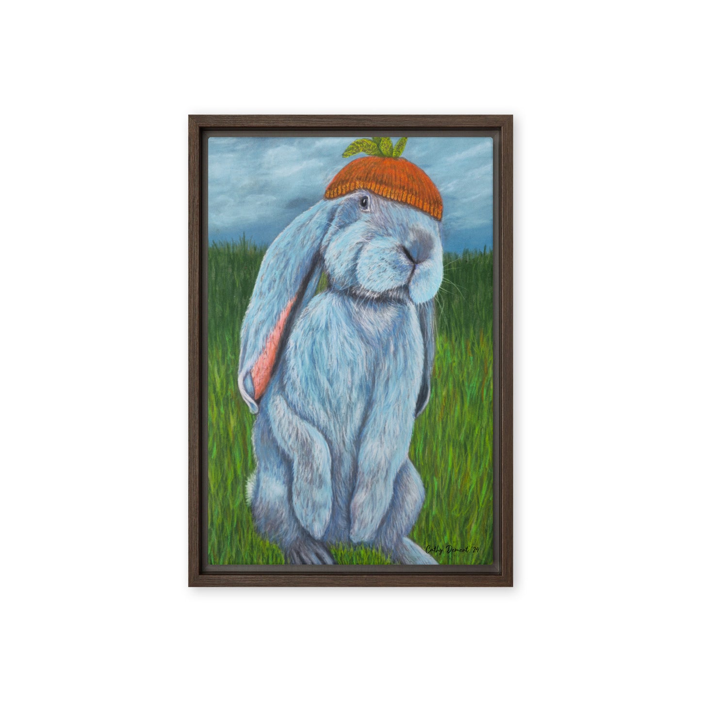 Framed Canvas Print - Carrot Couture, Whimsical Rabbit in Knit Carrot Cap, Wall Art by Cathy Dement