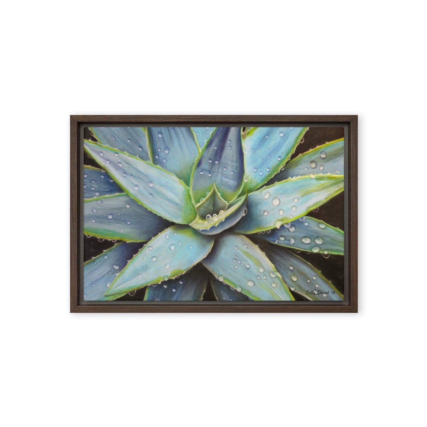 Framed Canvas Print - Desert Jewel , Vibrant Agave Plant with Dew Drops, Wall Art by Cathy Dement | 3 Frame Colors to Choose From