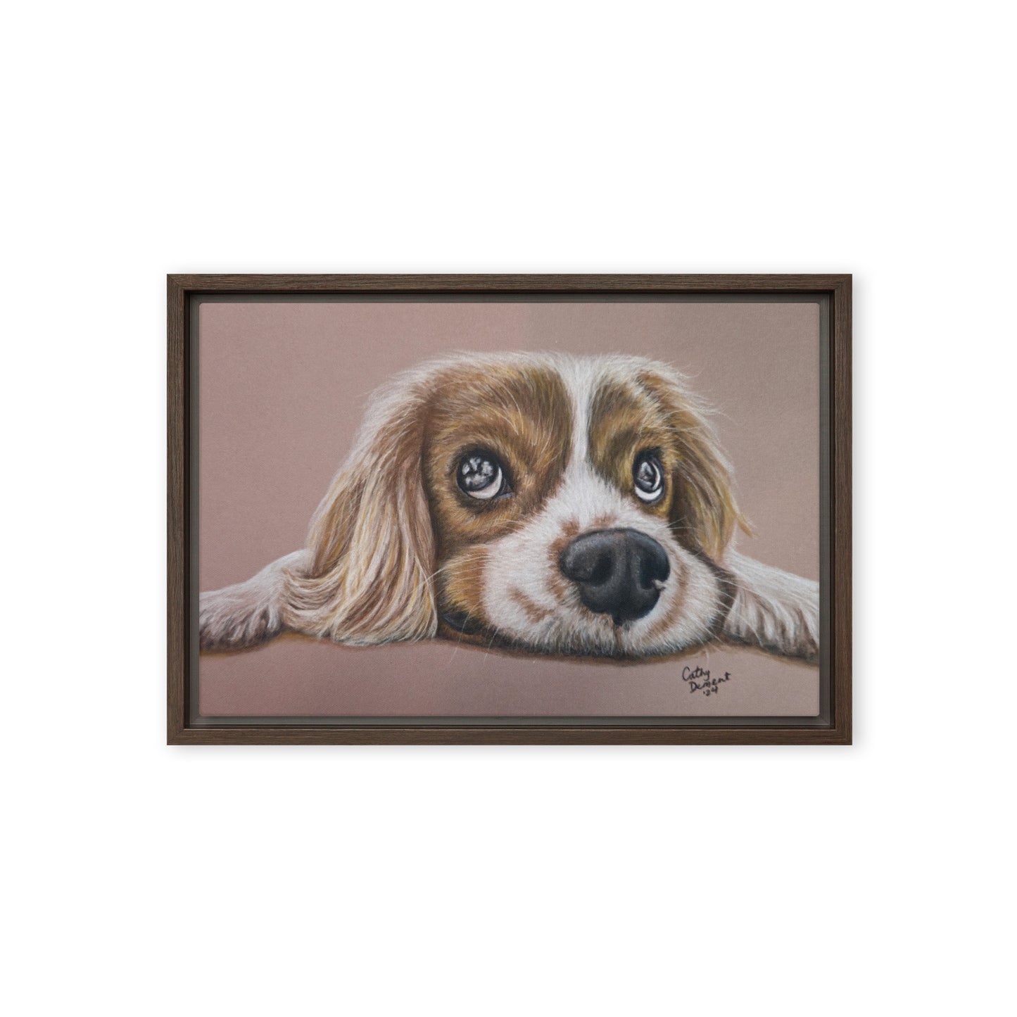 Framed Canvas Print - Cavalier Curiosity, King Charles Cavalier Spaniel Artwork, Cute Dog Wall Art by Cathy Dement, 3 Frame Colors