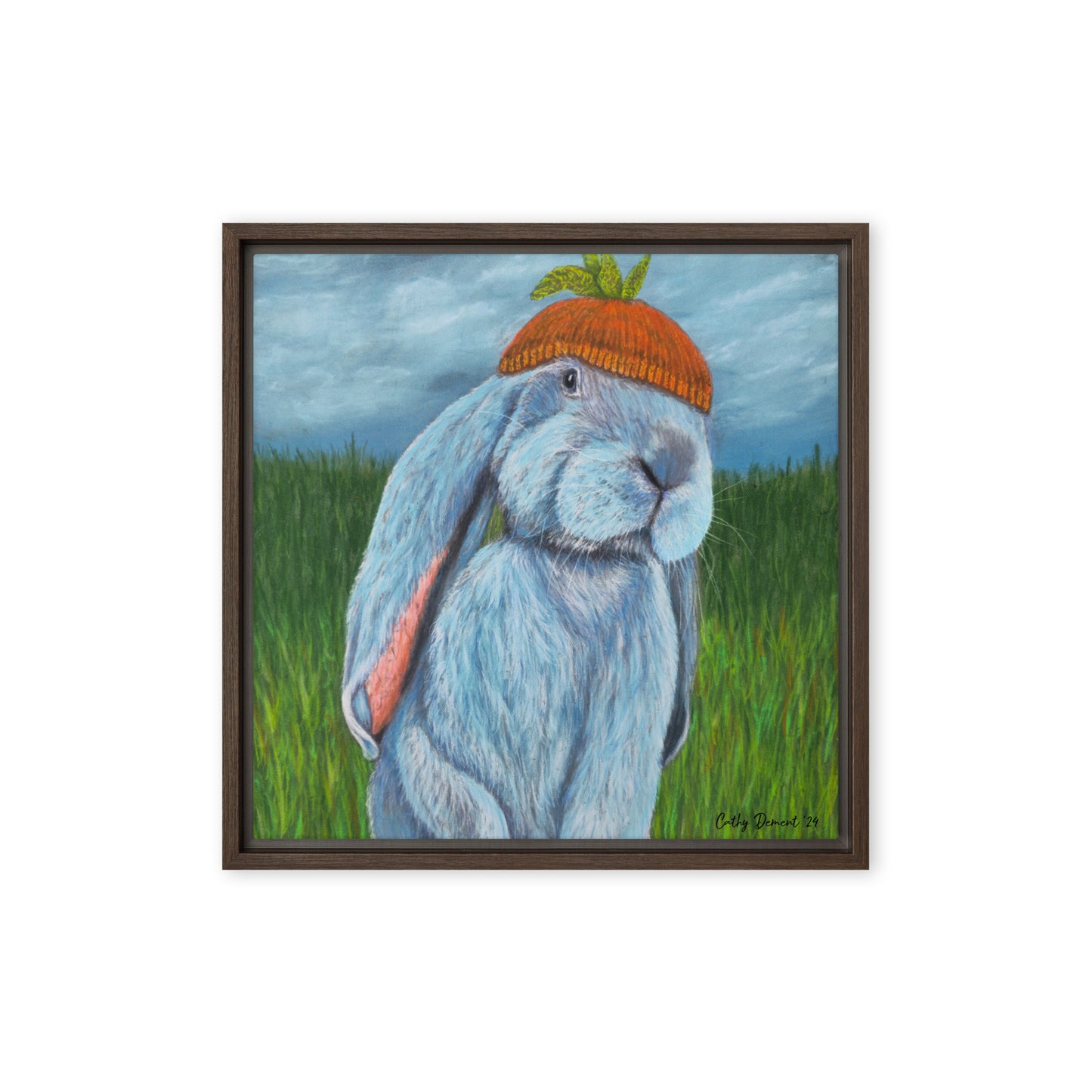 Framed Canvas Print - Carrot Couture, Whimsical Rabbit in Knit Carrot Cap, Wall Art by Cathy Dement