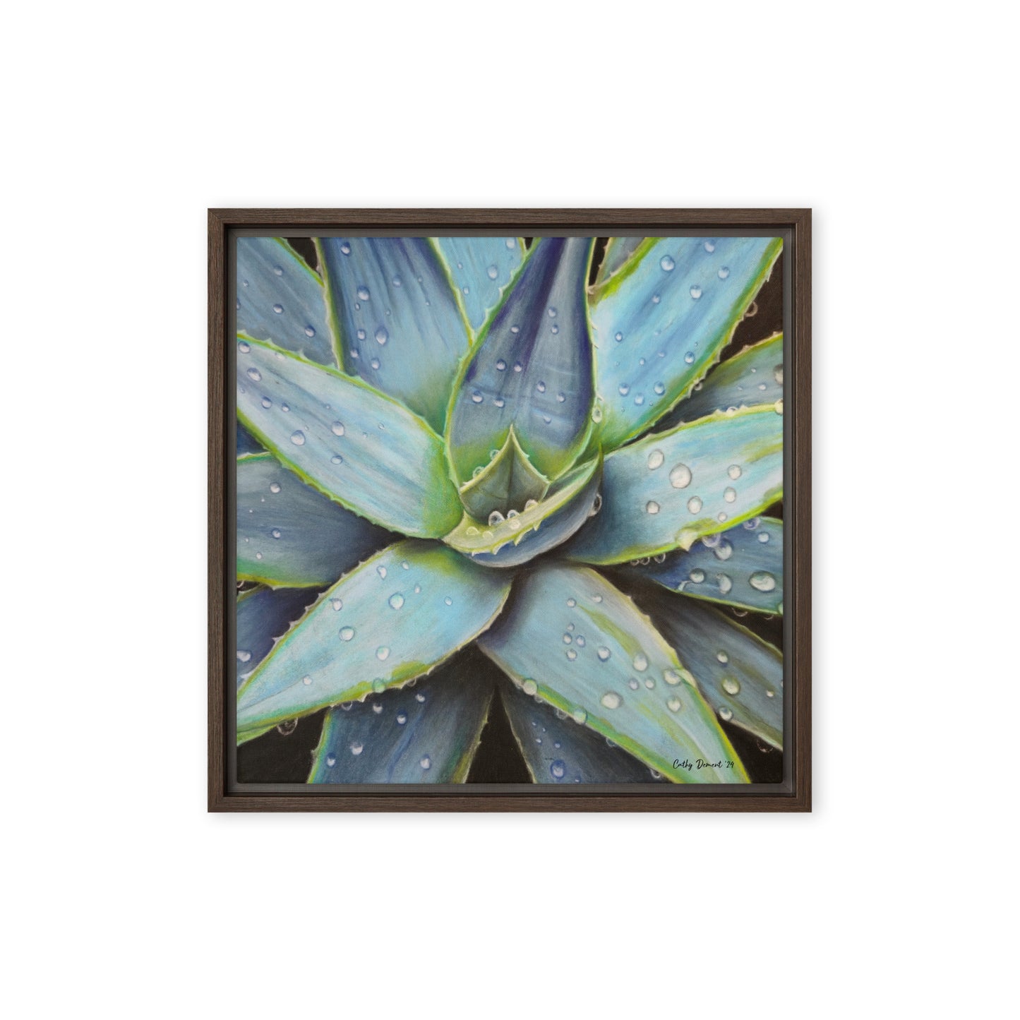 Framed Canvas Print - Desert Jewel , Vibrant Agave Plant with Dew Drops, Wall Art by Cathy Dement | 3 Frame Colors to Choose From