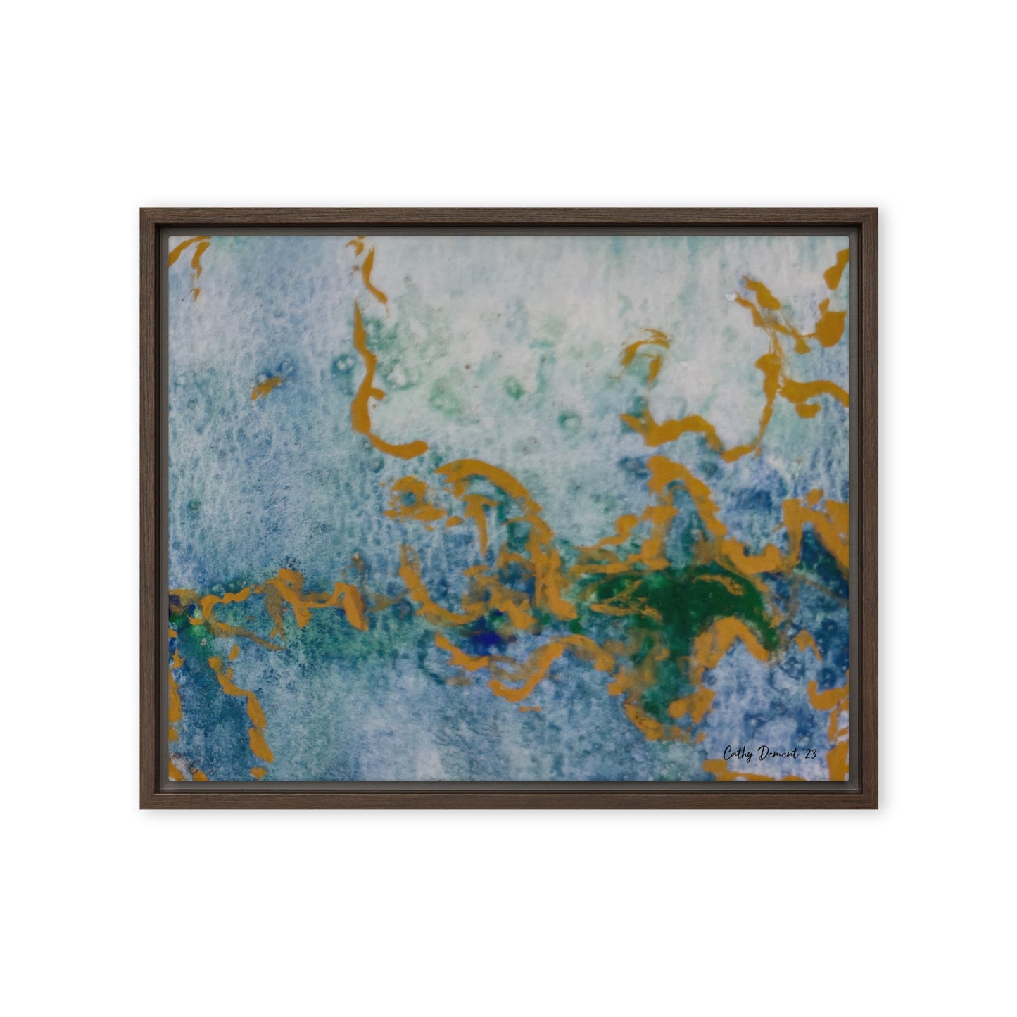 Framed Canvas Print - Celestial Dreamscape #1 - Abstract Watercolor, Blue, Green, and Gold Print, Wall Art