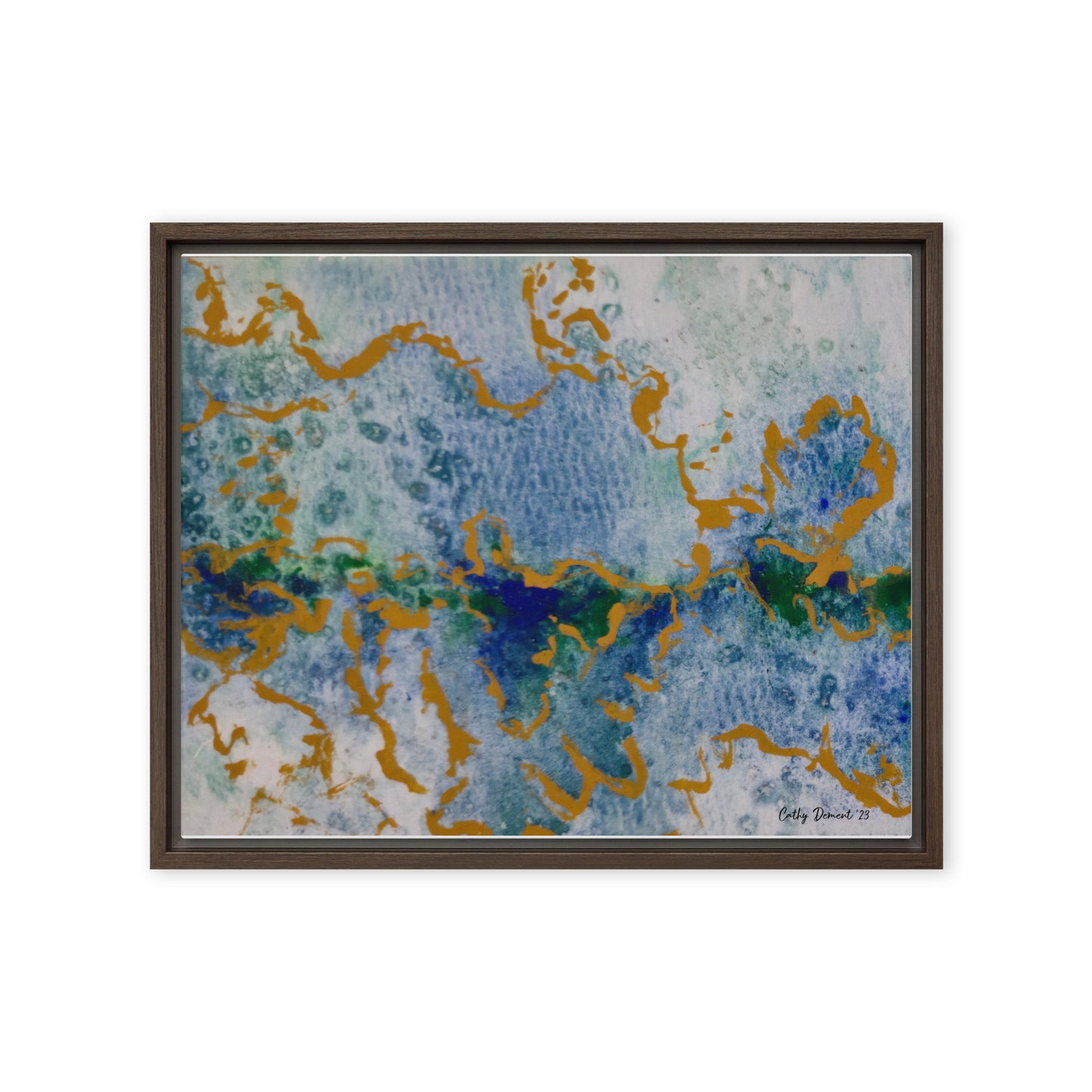 Framed Canvas Print - Celestial Dreamscape #2 - Abstract Watercolor, Blue, Green, and Gold Print, Wall Art