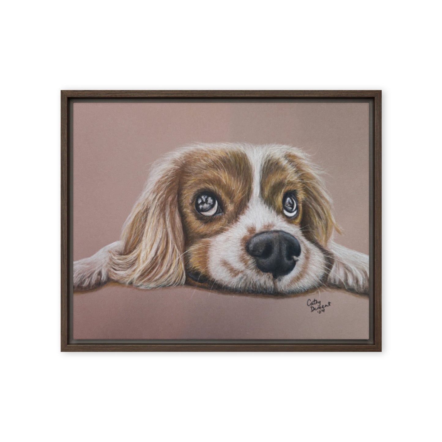 Framed Canvas Print - Cavalier Curiosity, King Charles Cavalier Spaniel Artwork, Cute Dog Wall Art by Cathy Dement, 3 Frame Colors