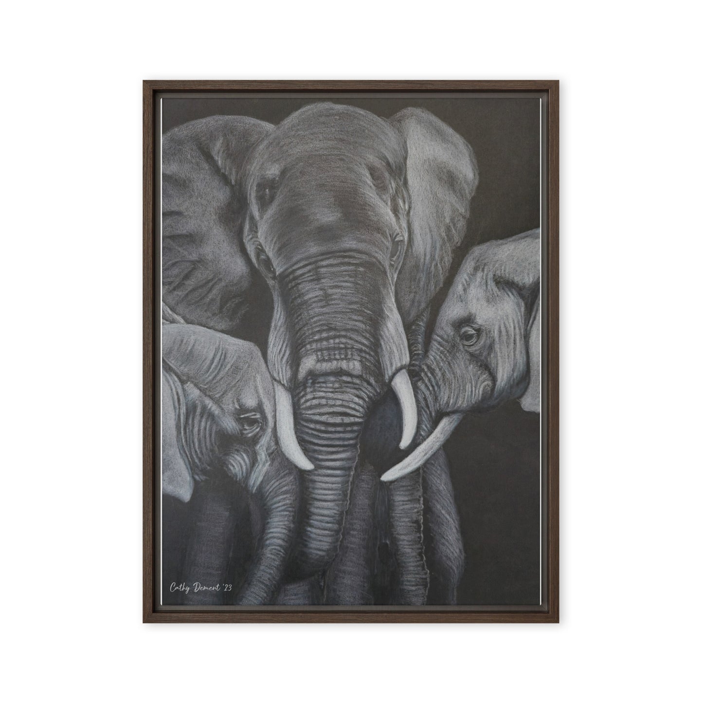 Framed Canvas Print - Strength in Numbers - Monochrome Elephant Family Artwork, Wall Art by Cathy Dement