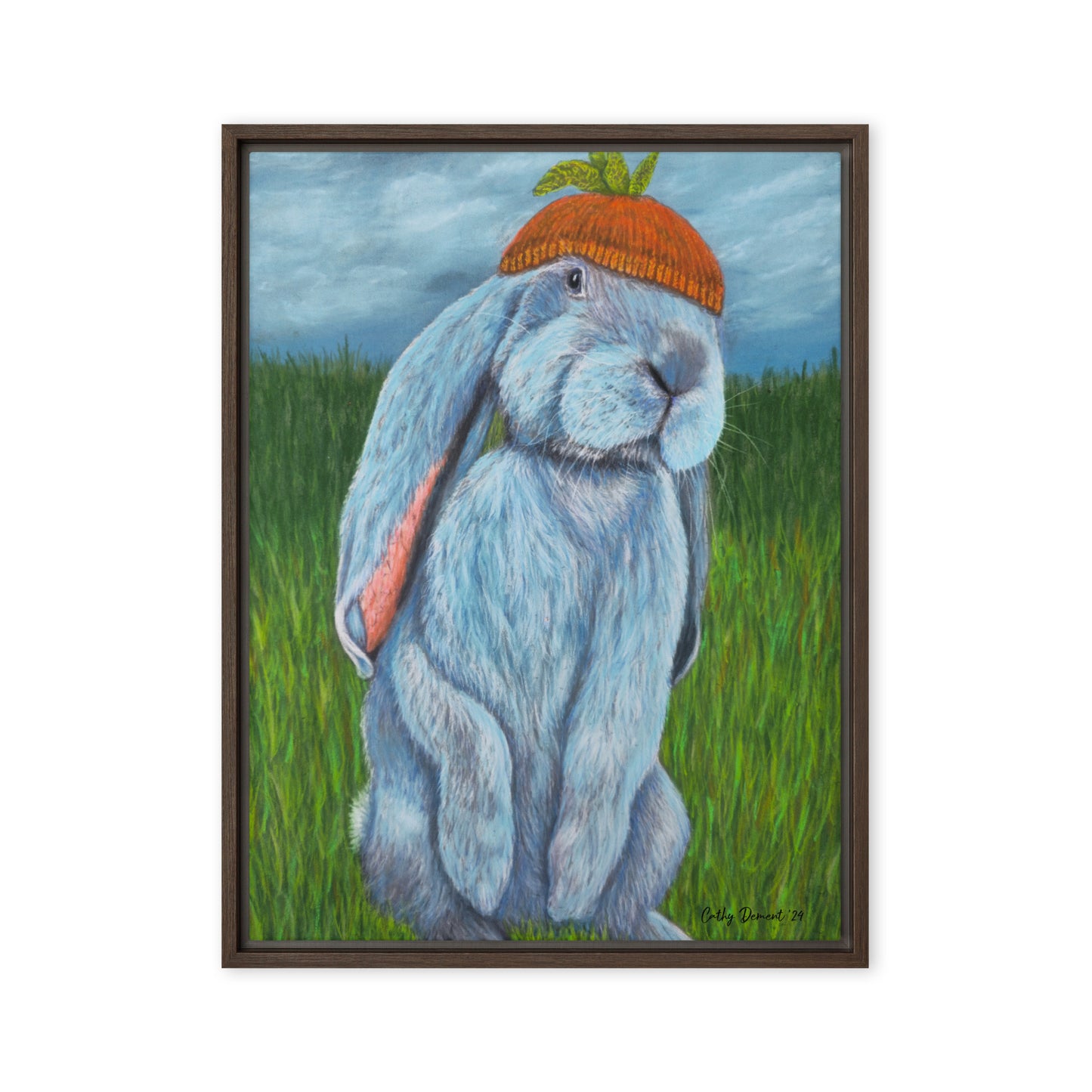 Framed Canvas Print - Carrot Couture, Whimsical Rabbit in Knit Carrot Cap, Wall Art by Cathy Dement