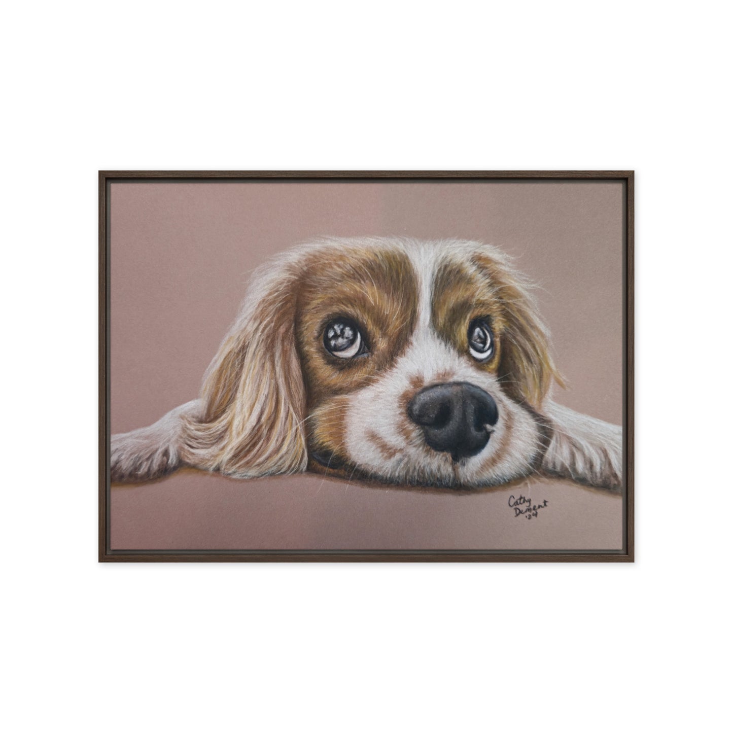 Framed Canvas Print - Cavalier Curiosity, King Charles Cavalier Spaniel Artwork, Cute Dog Wall Art by Cathy Dement, 3 Frame Colors