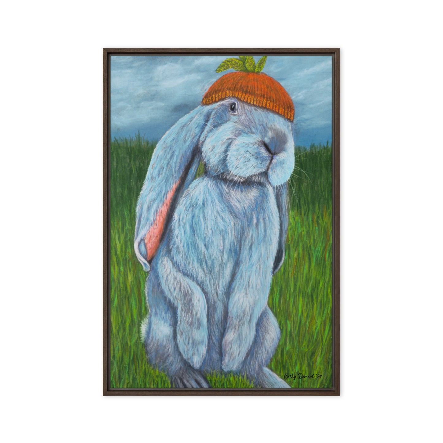 Framed Canvas Print - Carrot Couture, Whimsical Rabbit in Knit Carrot Cap, Wall Art by Cathy Dement