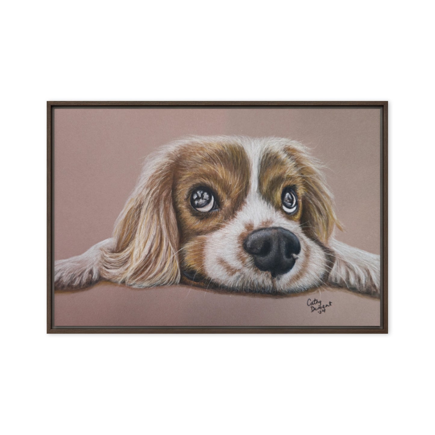 Framed Canvas Print - Cavalier Curiosity, King Charles Cavalier Spaniel Artwork, Cute Dog Wall Art by Cathy Dement, 3 Frame Colors