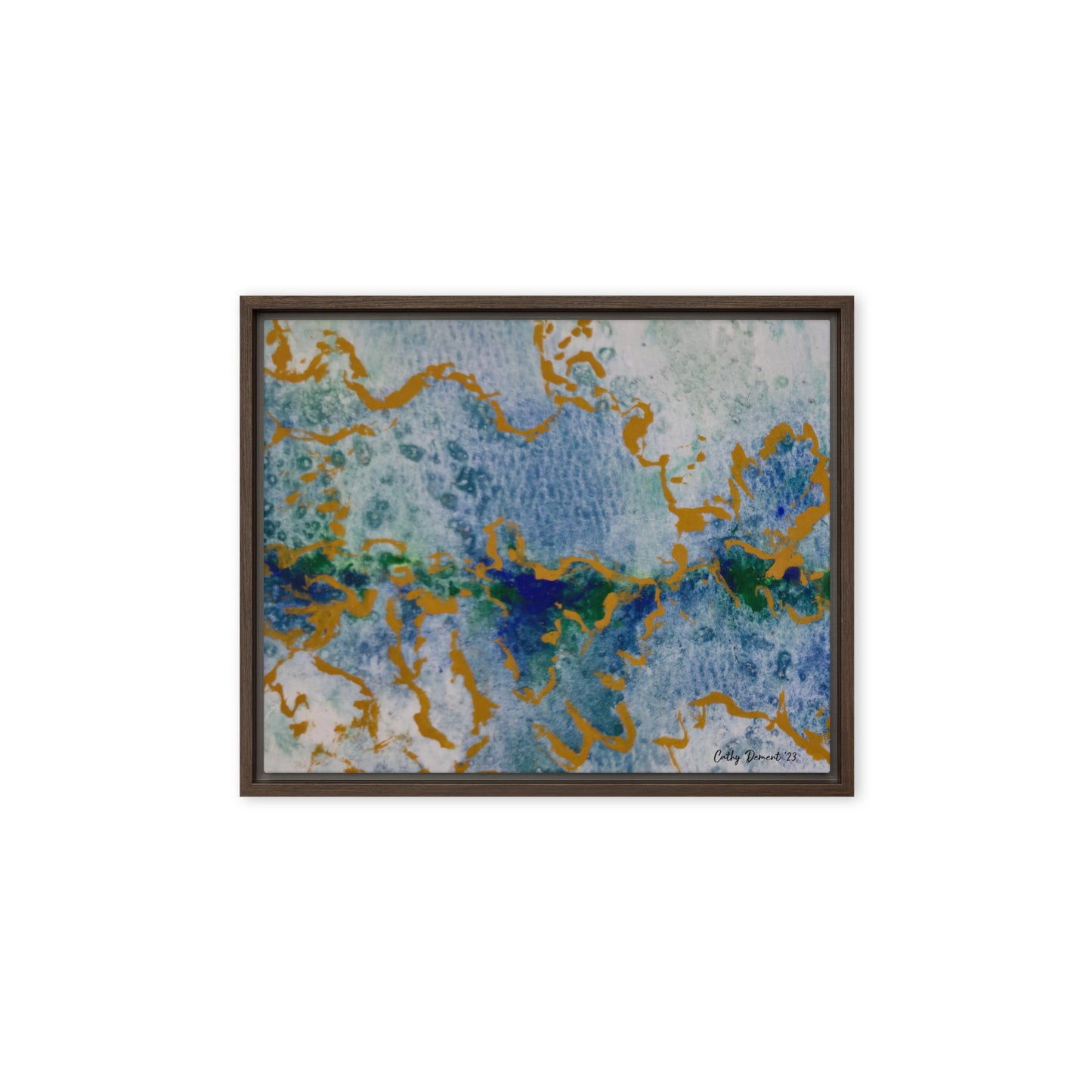 Framed Canvas Print - Celestial Dreamscape #2 - Abstract Watercolor, Blue, Green, and Gold Print, Wall Art