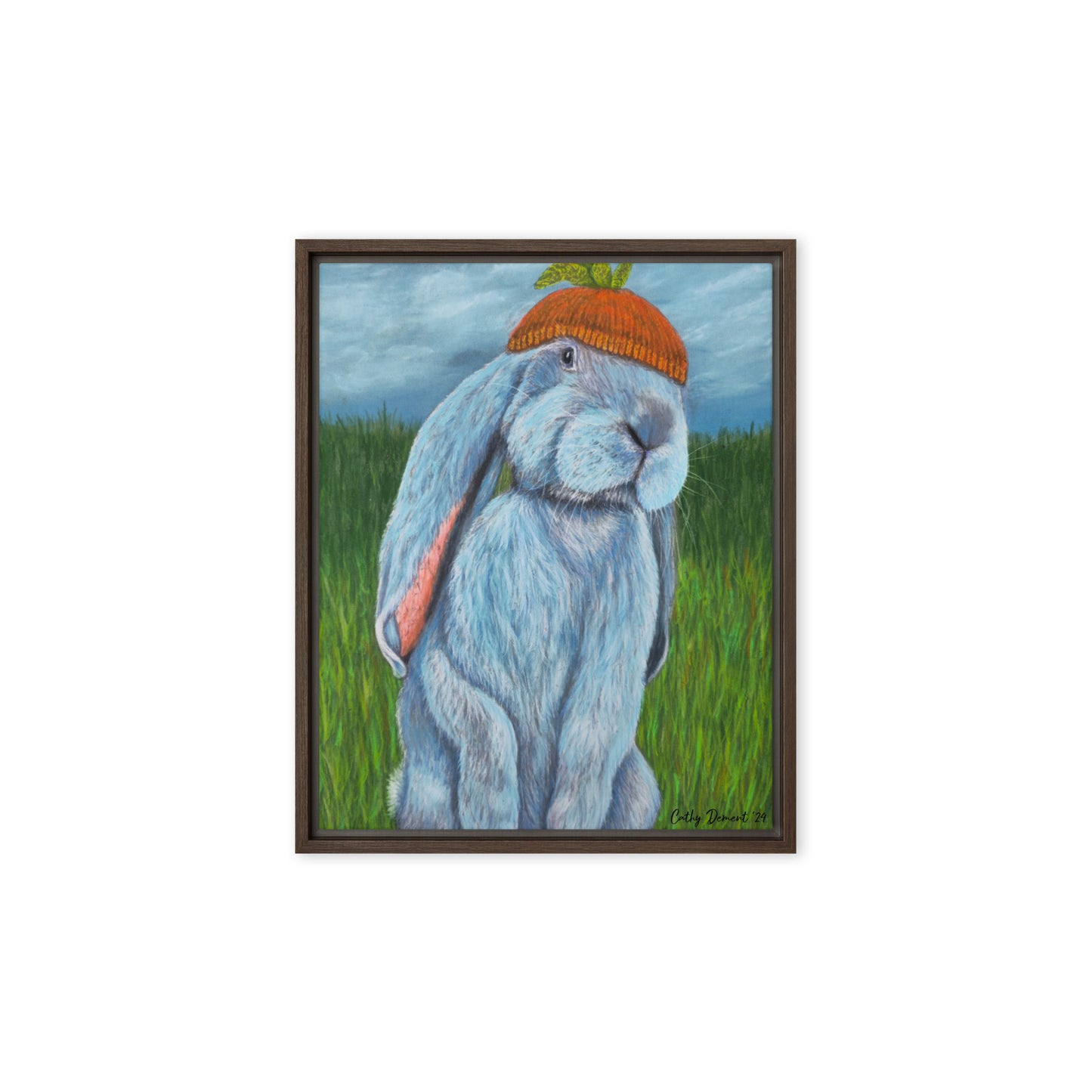 Framed Canvas Print - Carrot Couture, Whimsical Rabbit in Knit Carrot Cap, Wall Art by Cathy Dement