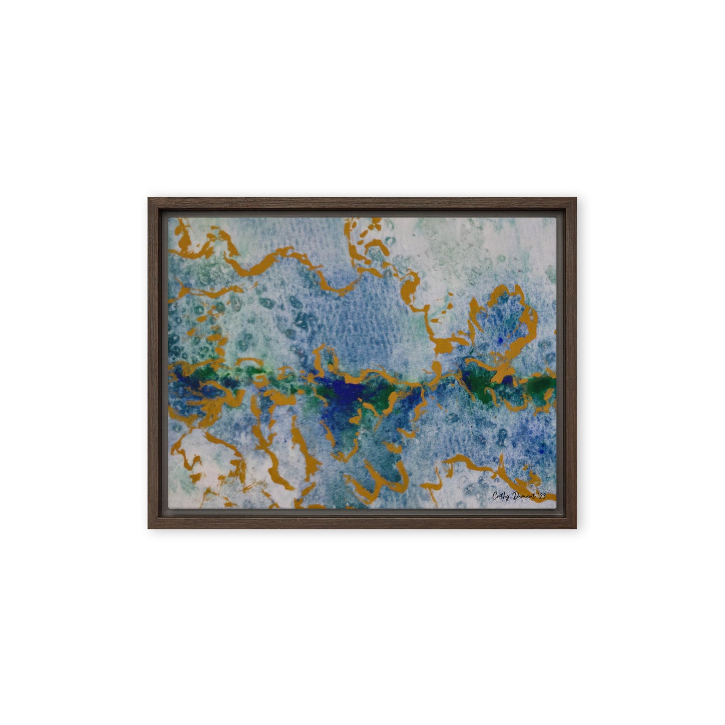 Framed Canvas Print - Celestial Dreamscape #2 - Abstract Watercolor, Blue, Green, and Gold Print, Wall Art