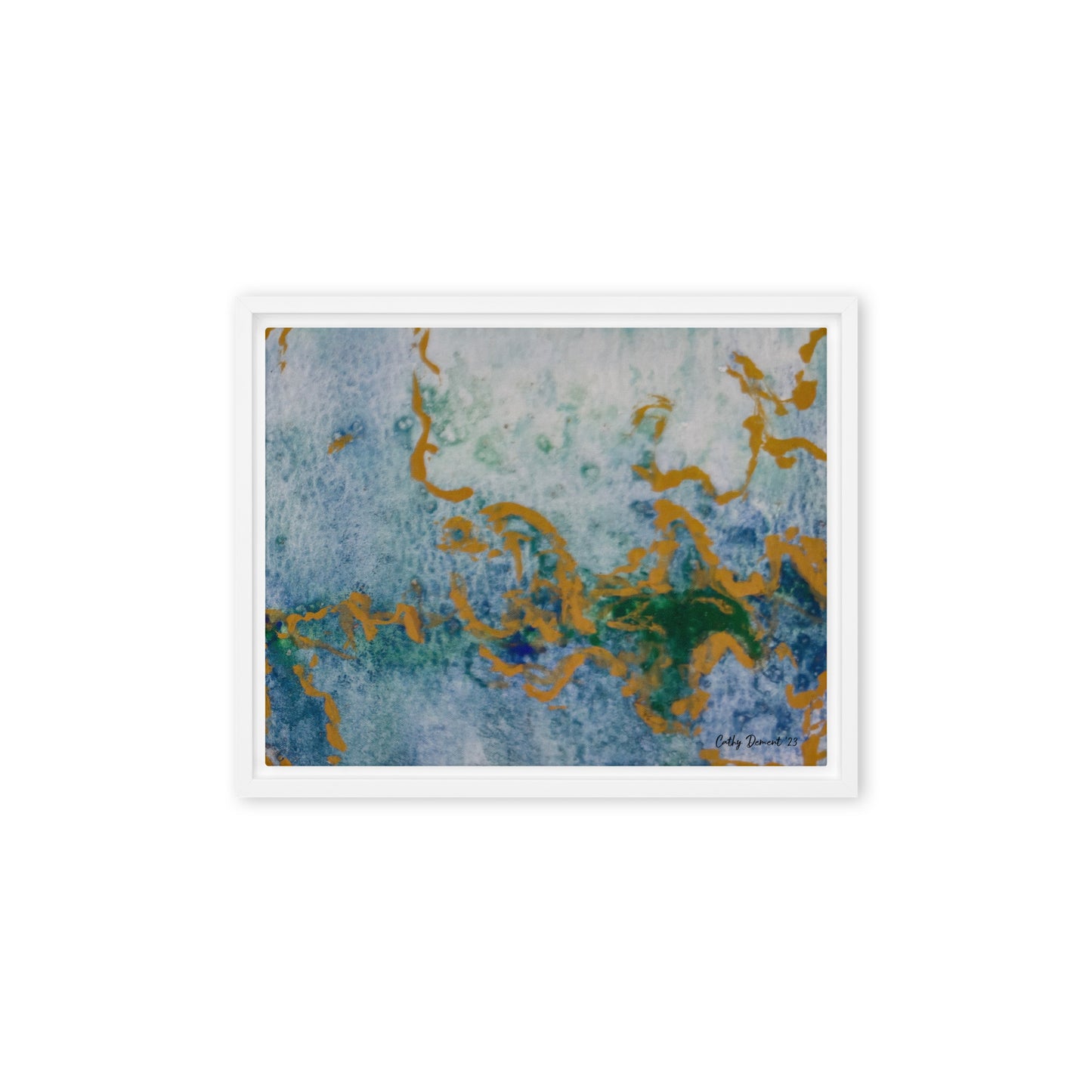 Framed Canvas Print - Celestial Dreamscape #1 - Abstract Watercolor, Blue, Green, and Gold Print, Wall Art