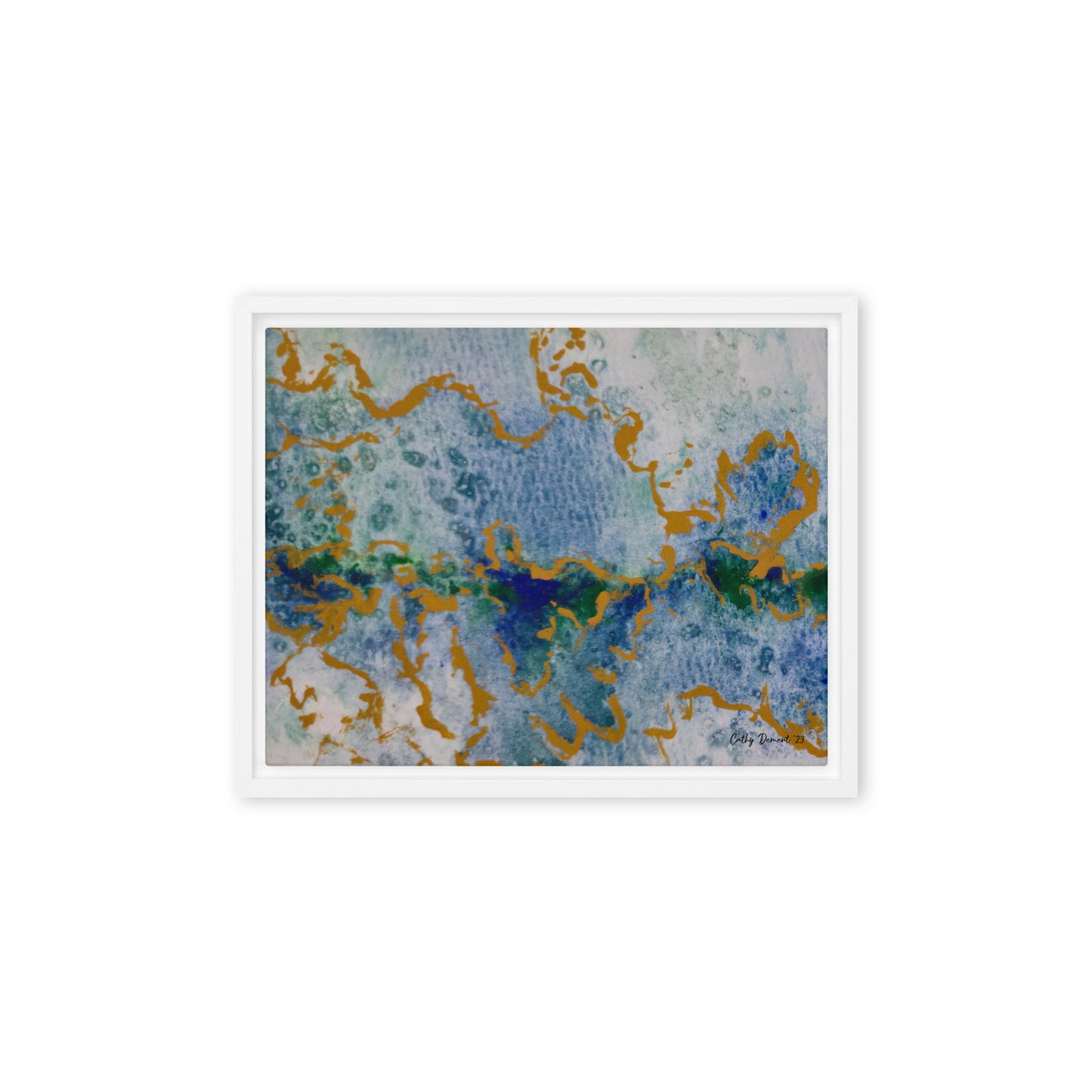 Framed Canvas Print - Celestial Dreamscape #2 - Abstract Watercolor, Blue, Green, and Gold Print, Wall Art