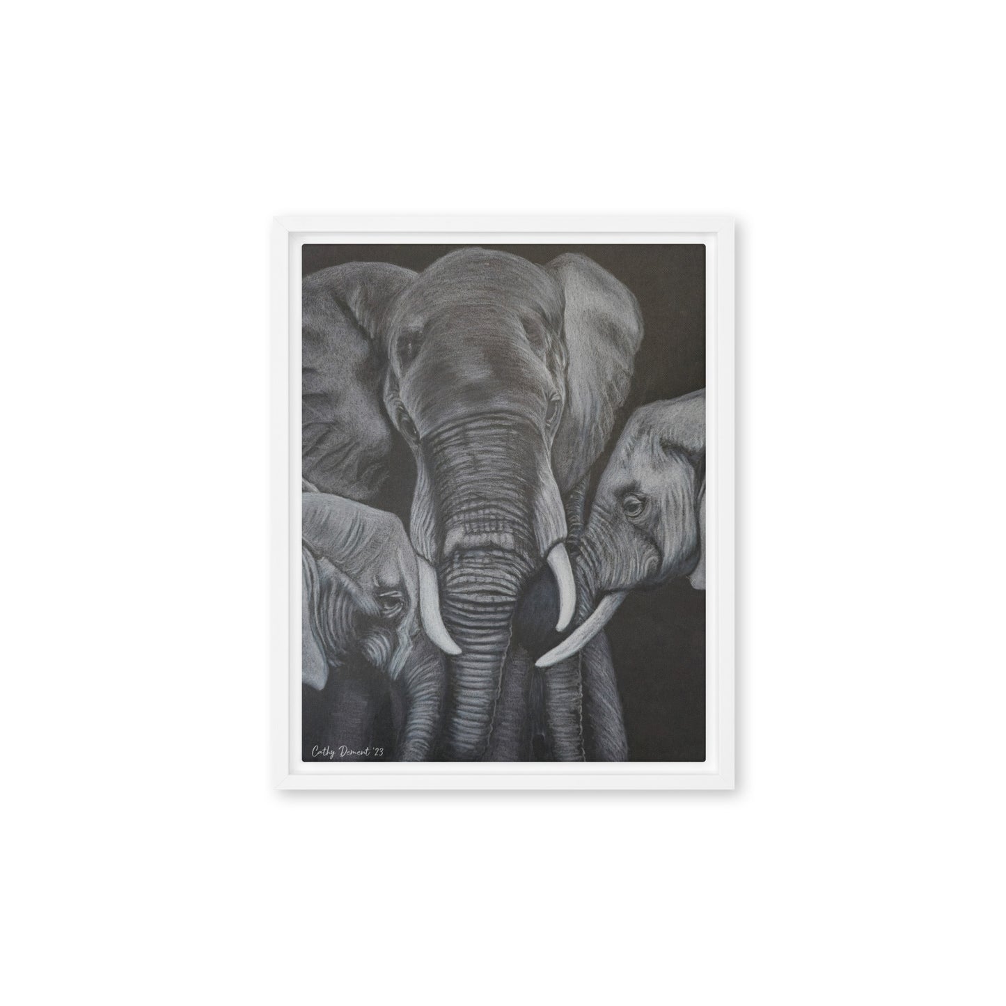 Framed Canvas Print - Strength in Numbers - Monochrome Elephant Family Artwork, Wall Art by Cathy Dement