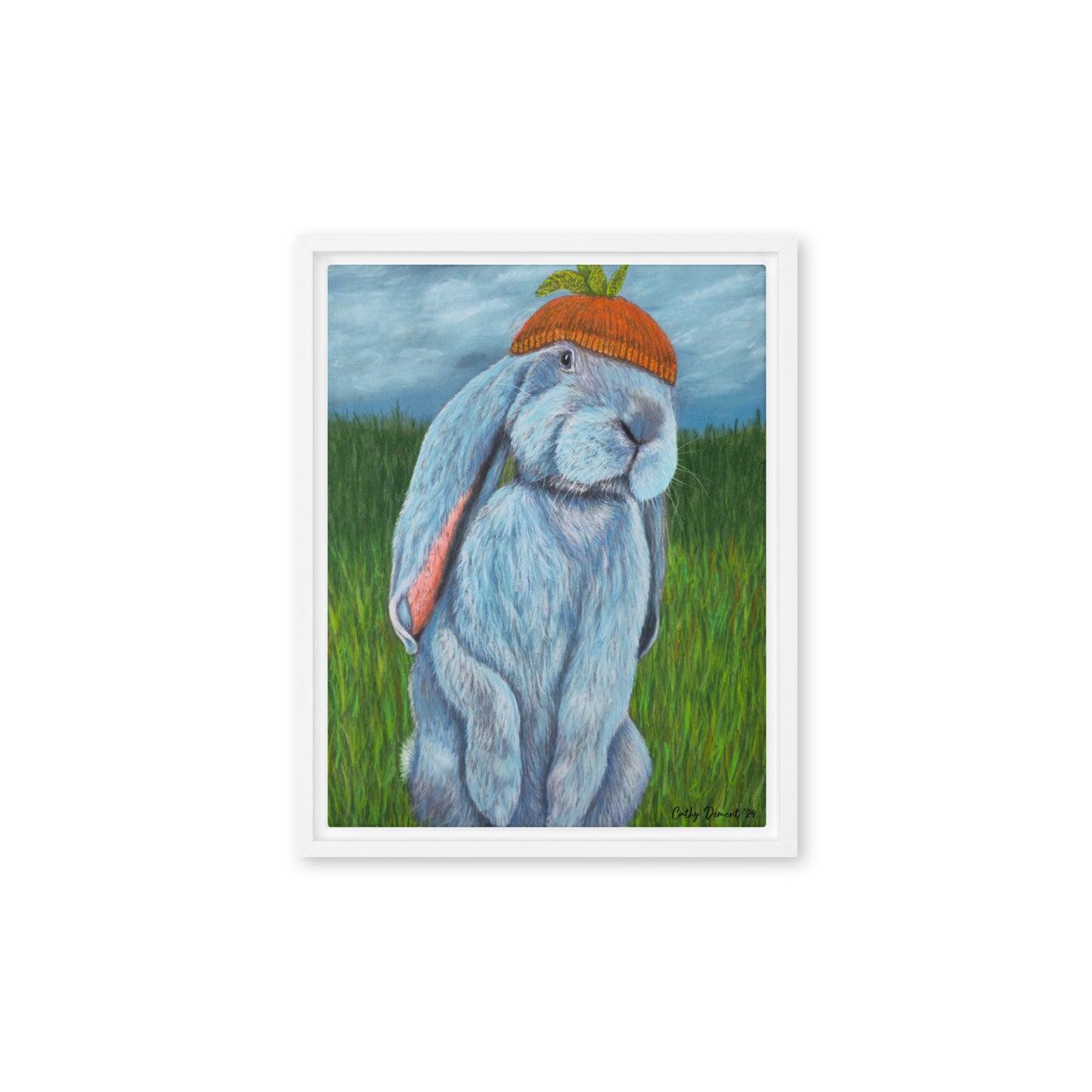 Framed Canvas Print - Carrot Couture, Whimsical Rabbit in Knit Carrot Cap, Wall Art by Cathy Dement