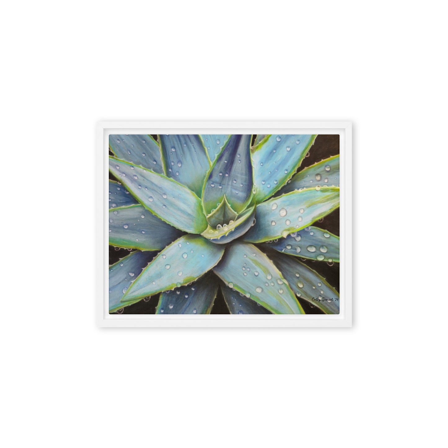 Framed Canvas Print - Desert Jewel , Vibrant Agave Plant with Dew Drops, Wall Art by Cathy Dement | 3 Frame Colors to Choose From