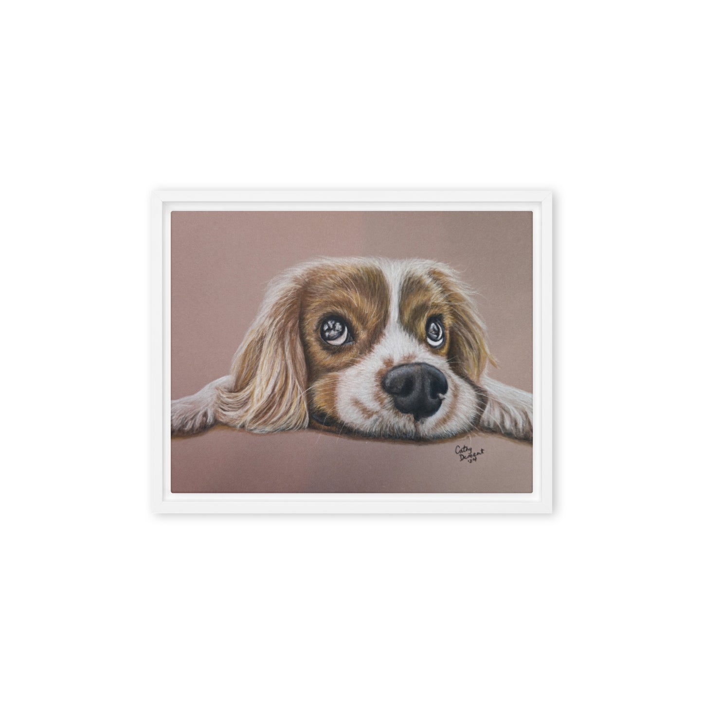 Framed Canvas Print - Cavalier Curiosity, King Charles Cavalier Spaniel Artwork, Cute Dog Wall Art by Cathy Dement, 3 Frame Colors