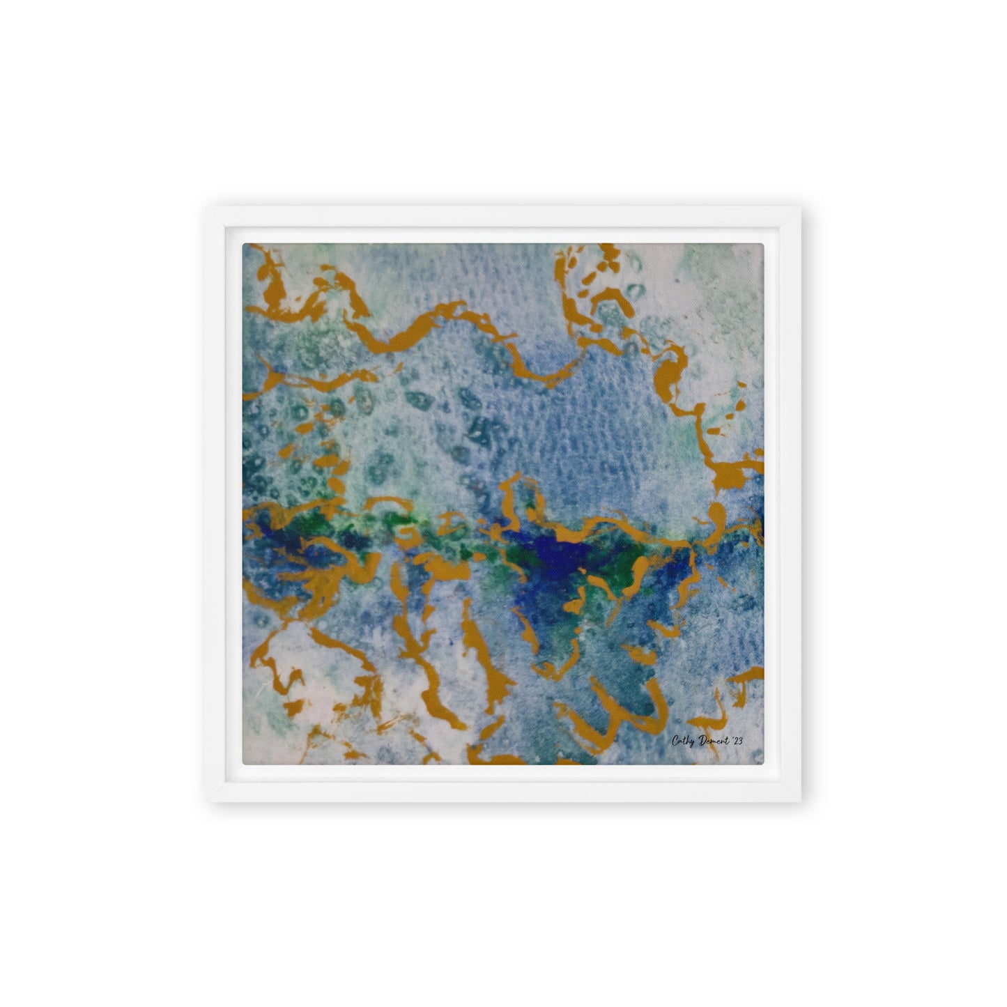 Framed Canvas Print - Celestial Dreamscape #2 - Abstract Watercolor, Blue, Green, and Gold Print, Wall Art