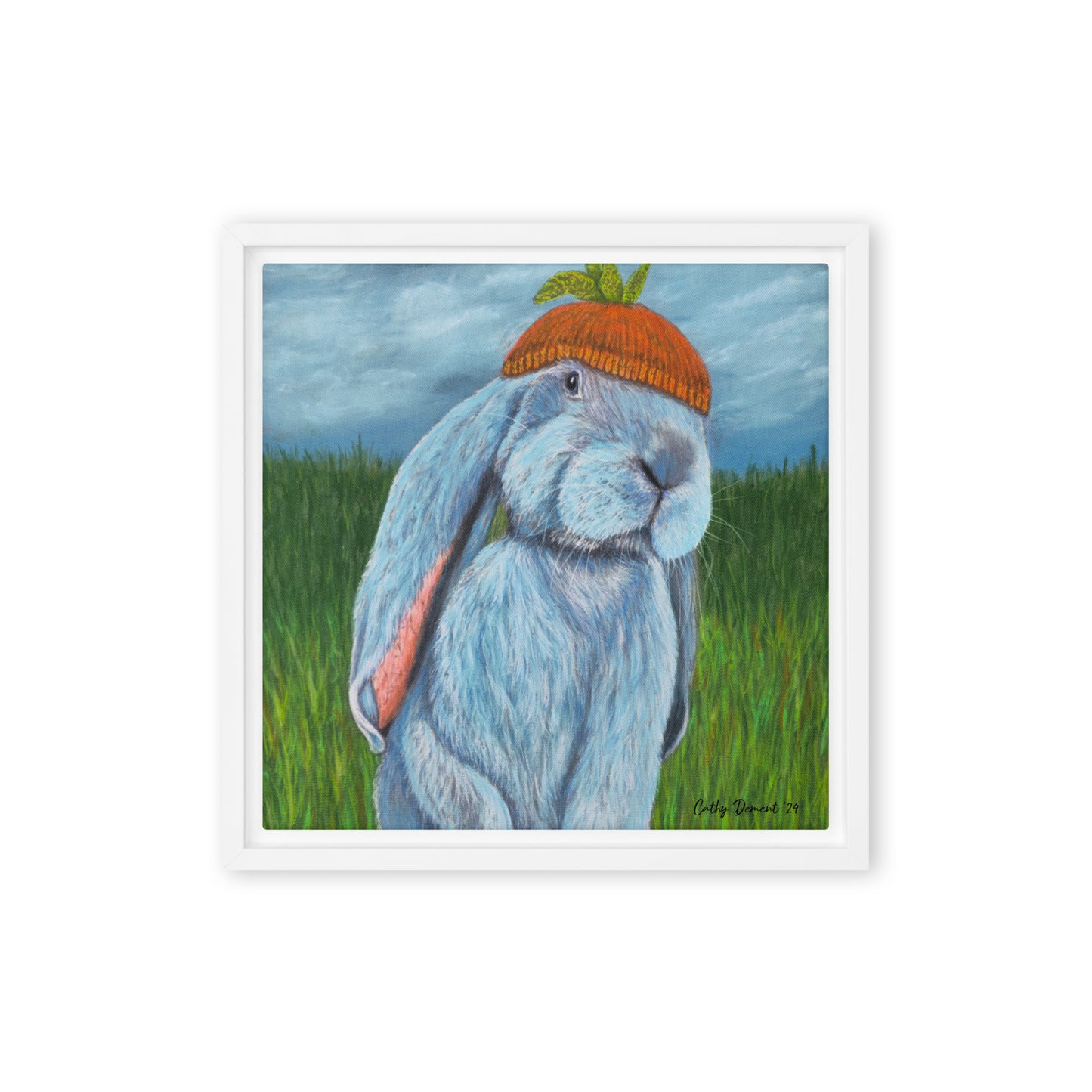 Framed Canvas Print - Carrot Couture, Whimsical Rabbit in Knit Carrot Cap, Wall Art by Cathy Dement