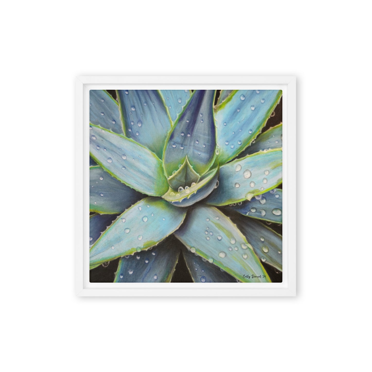 Framed Canvas Print - Desert Jewel , Vibrant Agave Plant with Dew Drops, Wall Art by Cathy Dement | 3 Frame Colors to Choose From