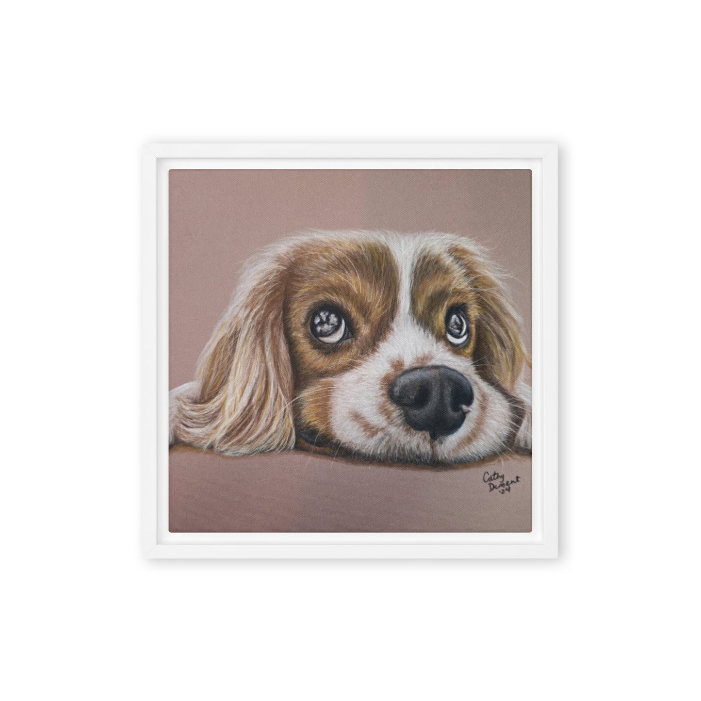 Framed Canvas Print - Cavalier Curiosity, King Charles Cavalier Spaniel Artwork, Cute Dog Wall Art by Cathy Dement, 3 Frame Colors