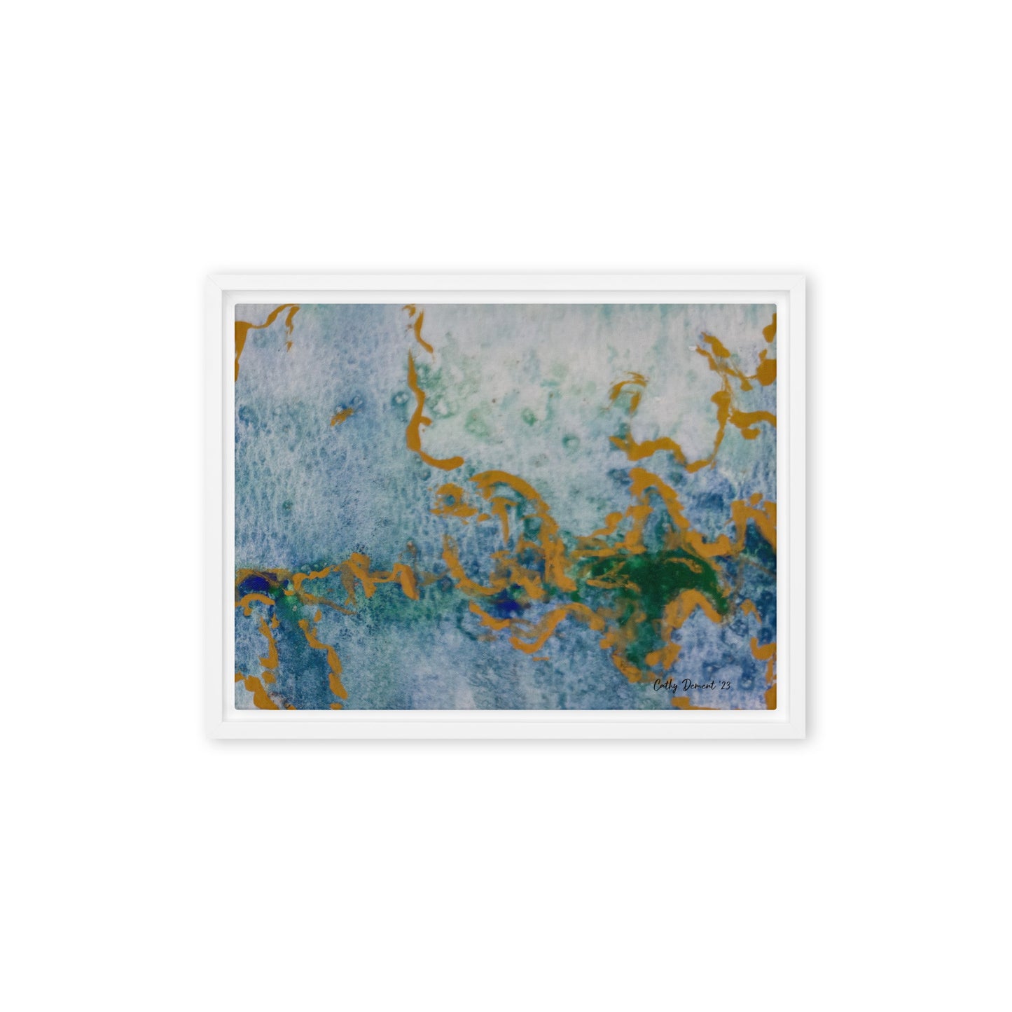 Framed Canvas Print - Celestial Dreamscape #1 - Abstract Watercolor, Blue, Green, and Gold Print, Wall Art