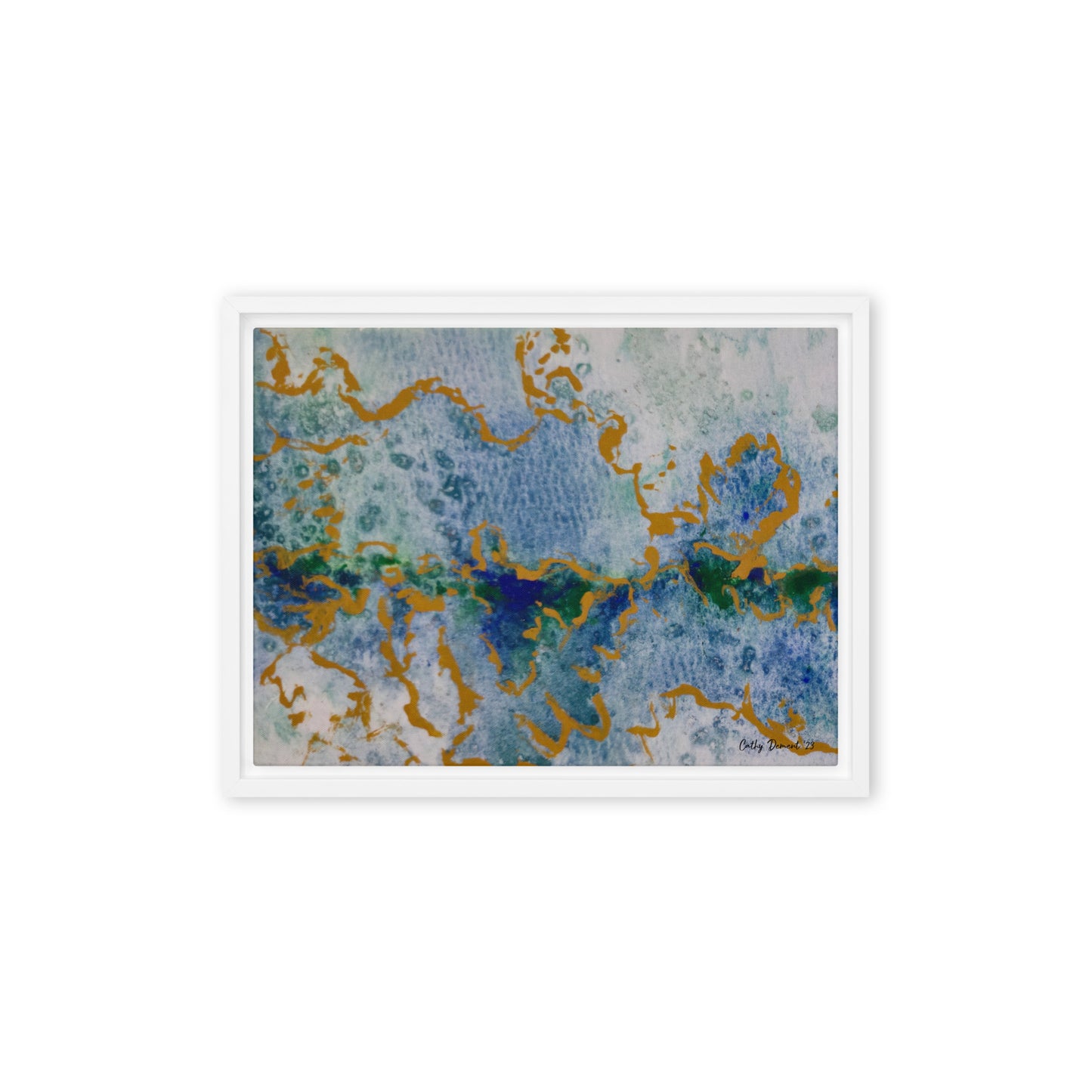 Framed Canvas Print - Celestial Dreamscape #2 - Abstract Watercolor, Blue, Green, and Gold Print, Wall Art