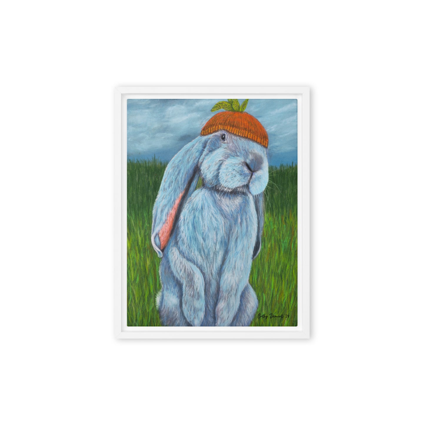 Framed Canvas Print - Carrot Couture, Whimsical Rabbit in Knit Carrot Cap, Wall Art by Cathy Dement