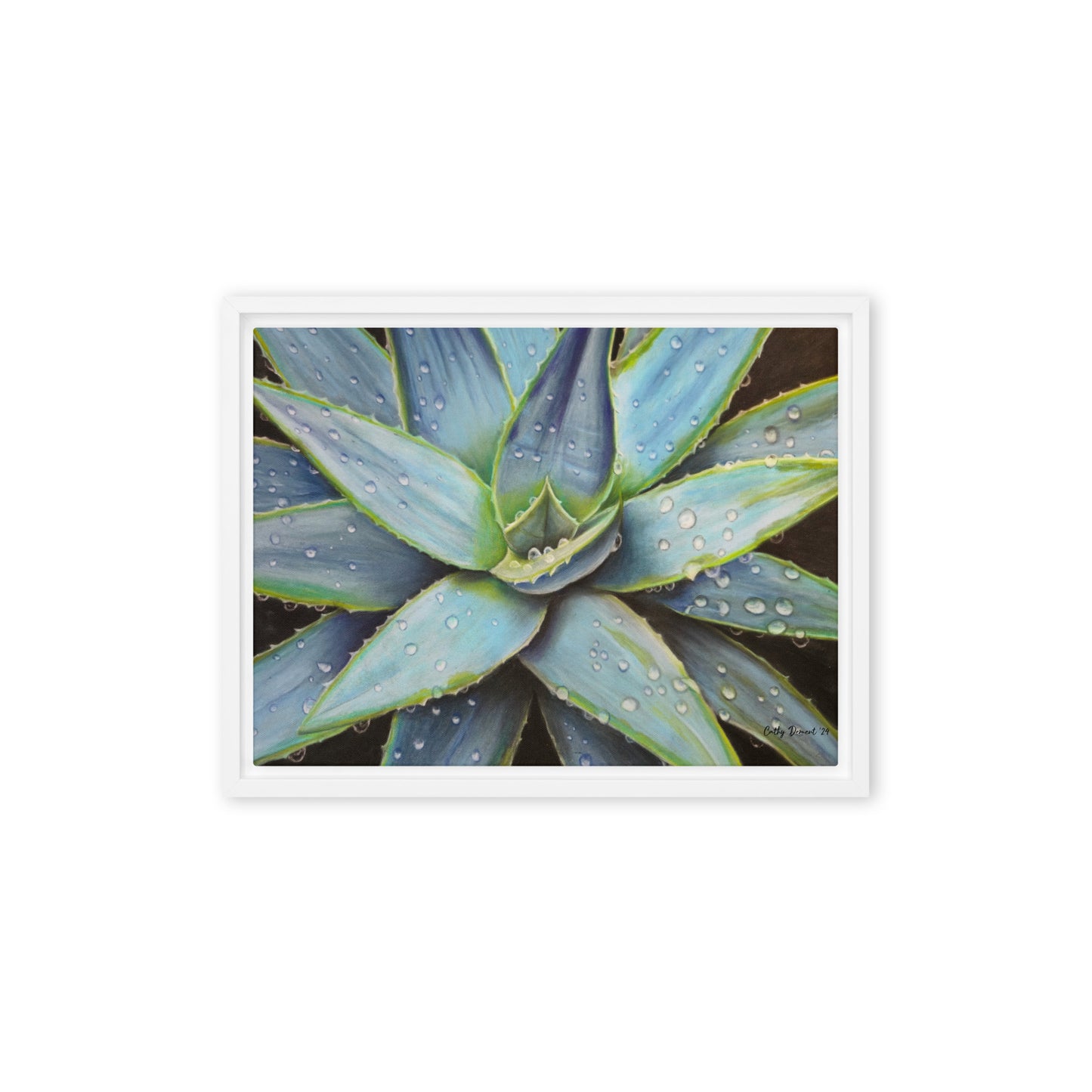 Framed Canvas Print - Desert Jewel , Vibrant Agave Plant with Dew Drops, Wall Art by Cathy Dement | 3 Frame Colors to Choose From