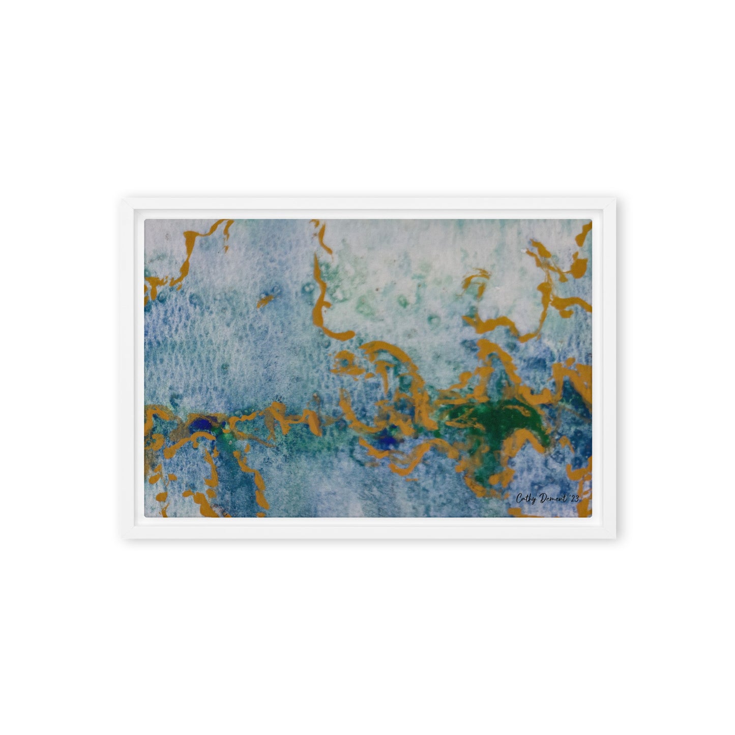 Framed Canvas Print - Celestial Dreamscape #1 - Abstract Watercolor, Blue, Green, and Gold Print, Wall Art