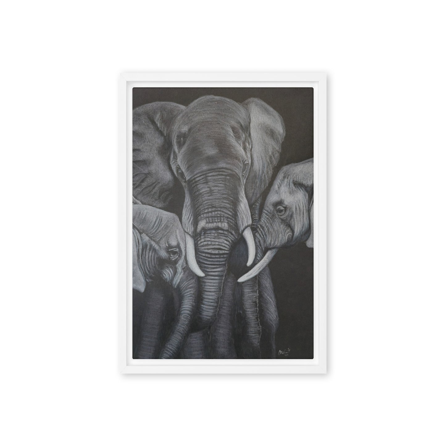 Framed Canvas Print - Strength in Numbers - Monochrome Elephant Family Artwork, Wall Art by Cathy Dement