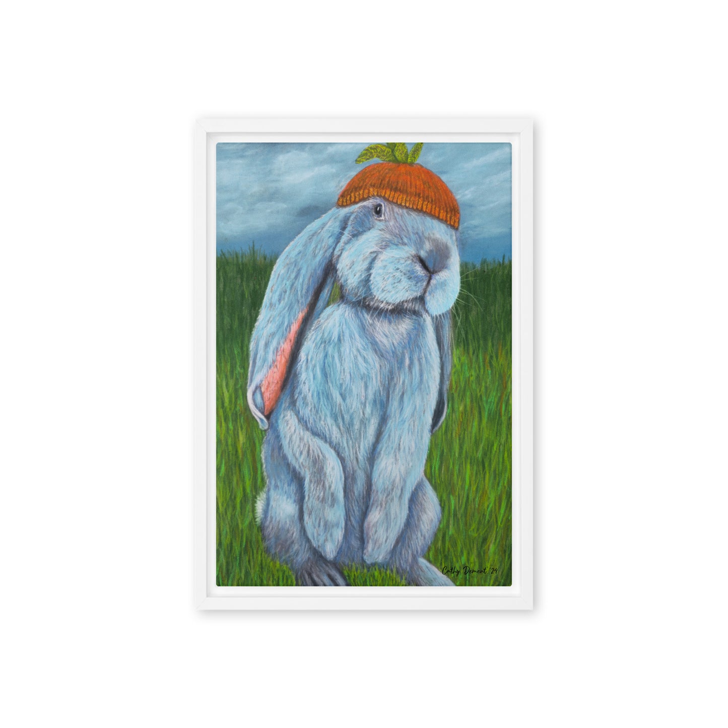 Framed Canvas Print - Carrot Couture, Whimsical Rabbit in Knit Carrot Cap, Wall Art by Cathy Dement