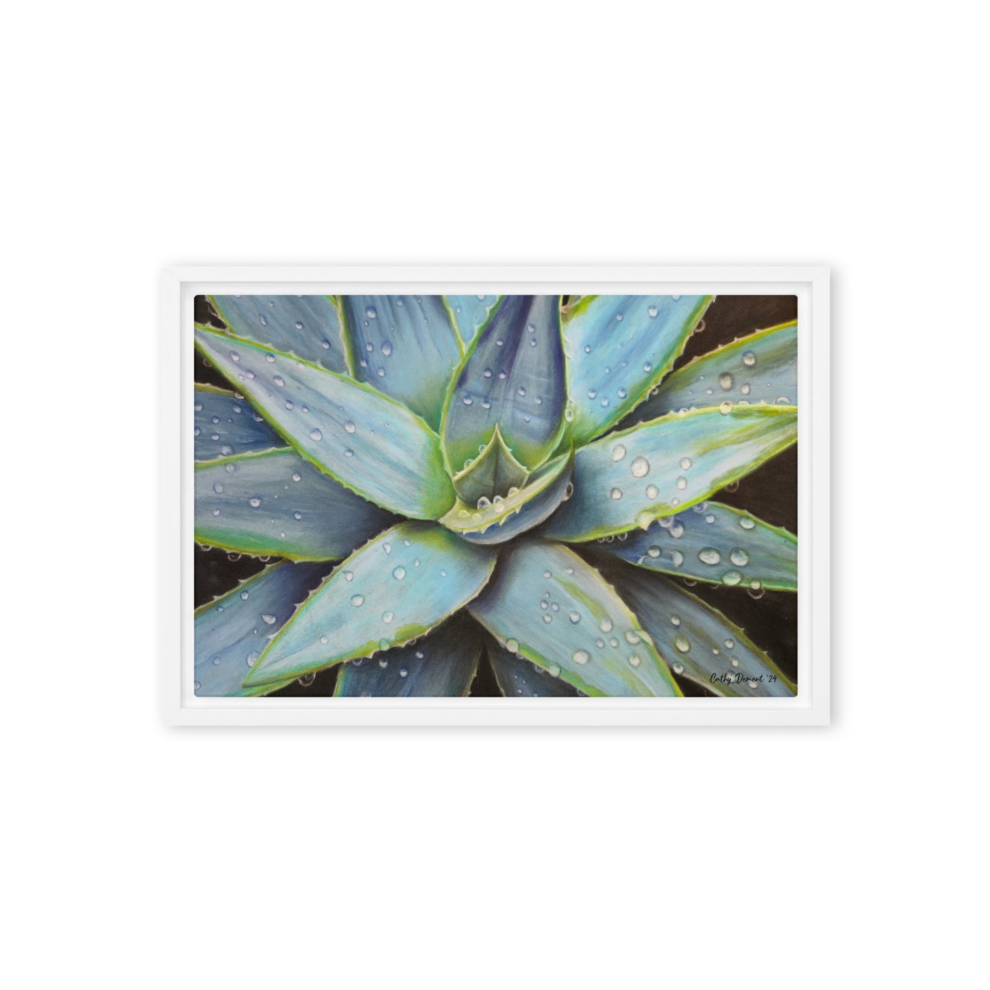 Framed Canvas Print - Desert Jewel , Vibrant Agave Plant with Dew Drops, Wall Art by Cathy Dement | 3 Frame Colors to Choose From