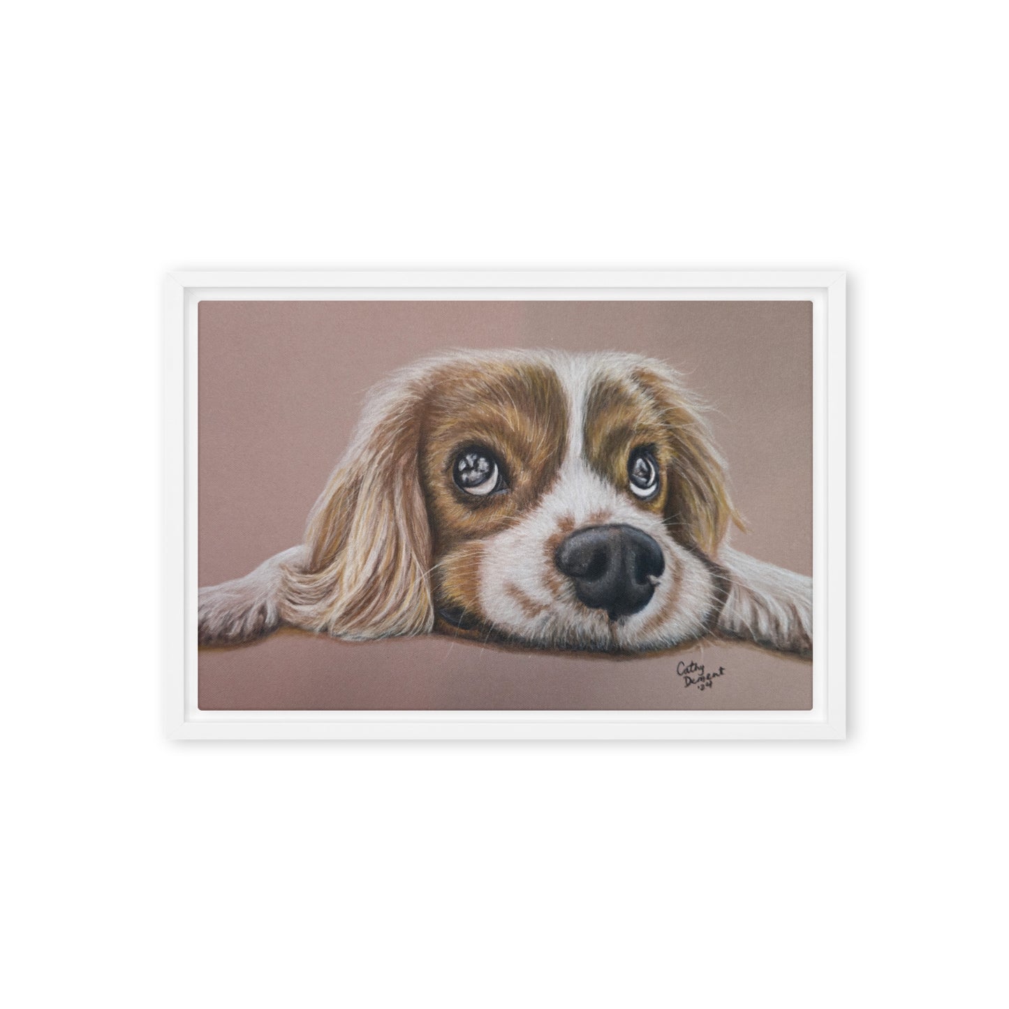 Framed Canvas Print - Cavalier Curiosity, King Charles Cavalier Spaniel Artwork, Cute Dog Wall Art by Cathy Dement, 3 Frame Colors