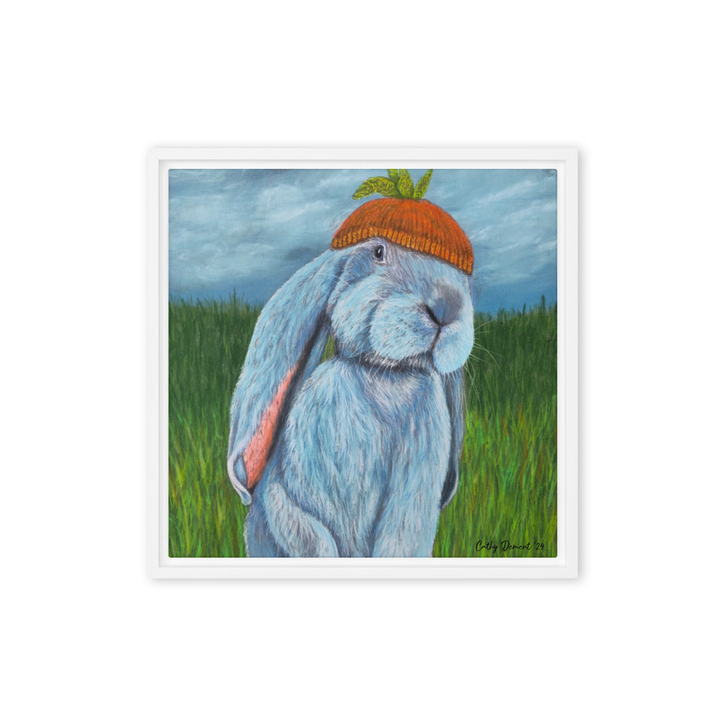 Framed Canvas Print - Carrot Couture, Whimsical Rabbit in Knit Carrot Cap, Wall Art by Cathy Dement