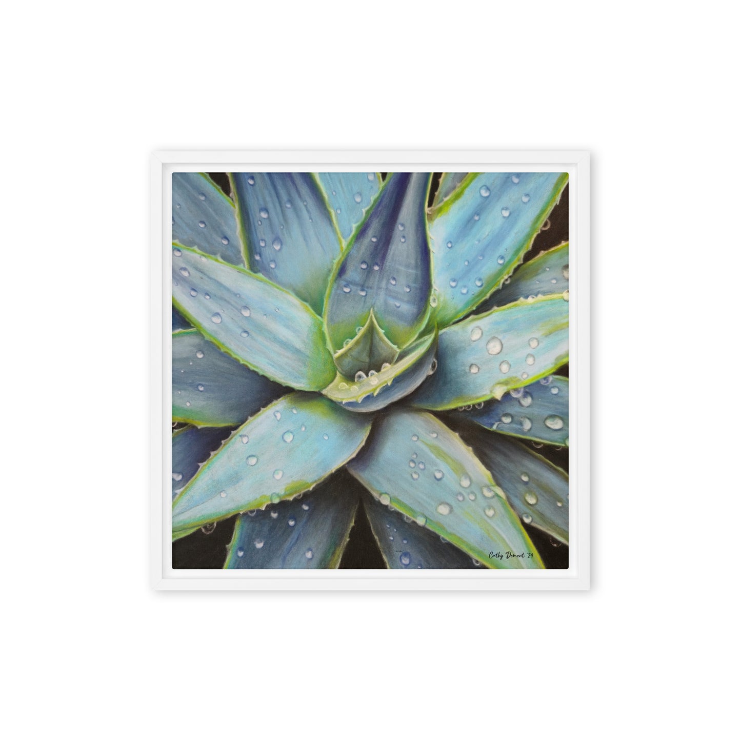 Framed Canvas Print - Desert Jewel , Vibrant Agave Plant with Dew Drops, Wall Art by Cathy Dement | 3 Frame Colors to Choose From