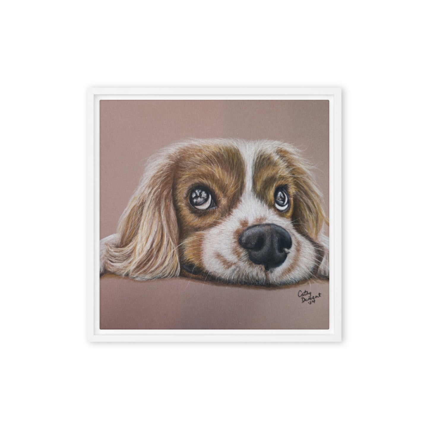 Framed Canvas Print - Cavalier Curiosity, King Charles Cavalier Spaniel Artwork, Cute Dog Wall Art by Cathy Dement, 3 Frame Colors