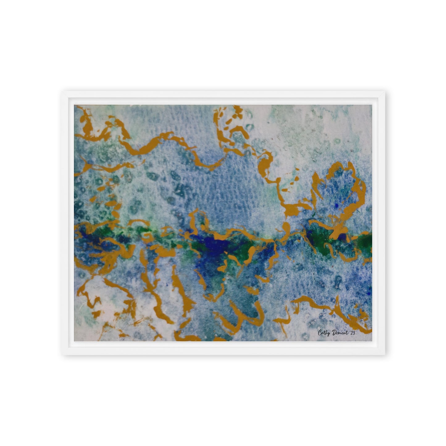 Framed Canvas Print - Celestial Dreamscape #2 - Abstract Watercolor, Blue, Green, and Gold Print, Wall Art