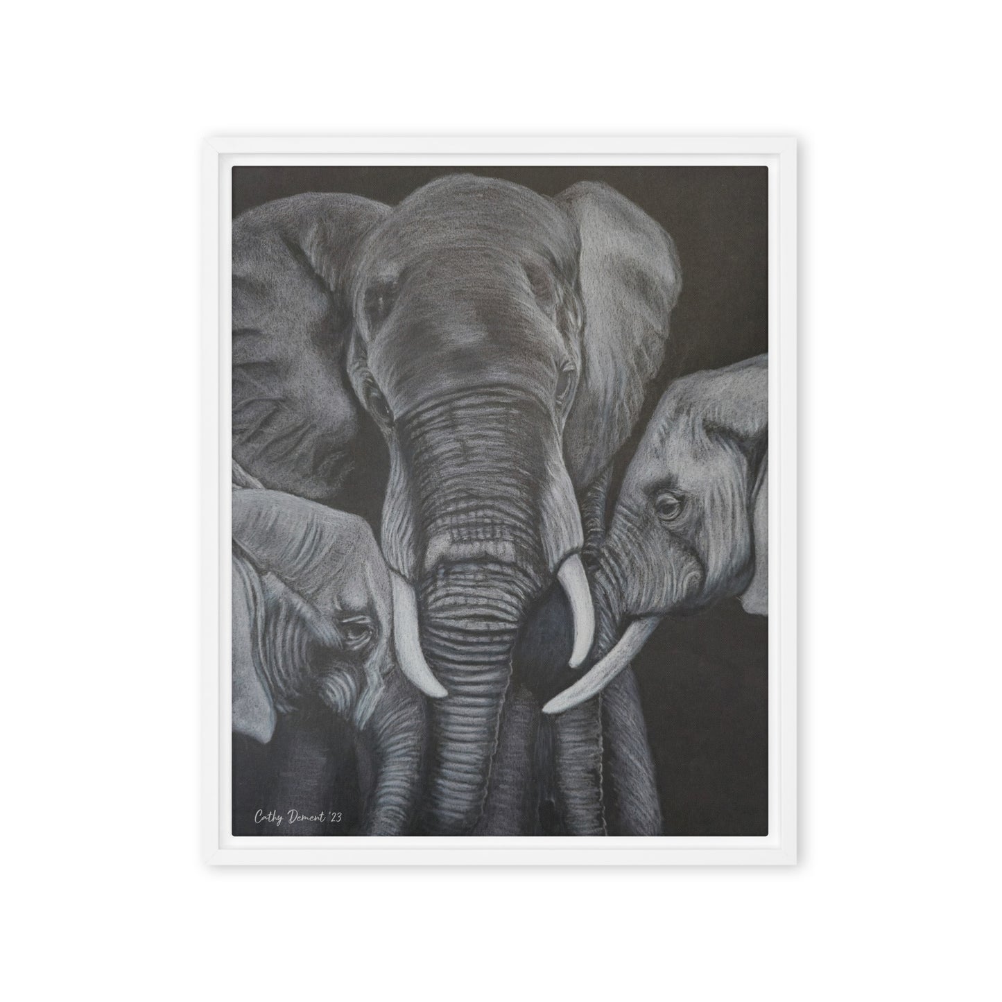 Framed Canvas Print - Strength in Numbers - Monochrome Elephant Family Artwork, Wall Art by Cathy Dement