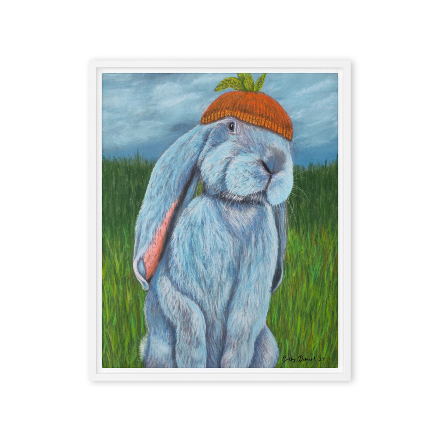 Framed Canvas Print - Carrot Couture, Whimsical Rabbit in Knit Carrot Cap, Wall Art by Cathy Dement