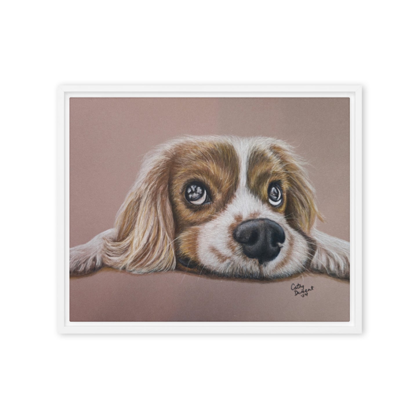 Framed Canvas Print - Cavalier Curiosity, King Charles Cavalier Spaniel Artwork, Cute Dog Wall Art by Cathy Dement, 3 Frame Colors