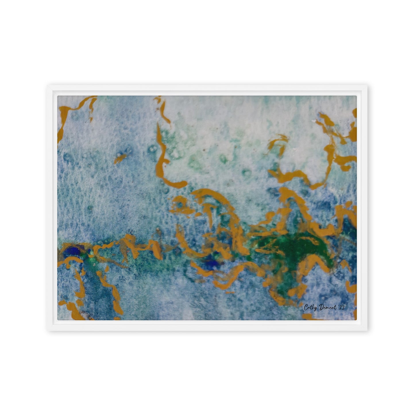 Framed Canvas Print - Celestial Dreamscape #1 - Abstract Watercolor, Blue, Green, and Gold Print, Wall Art