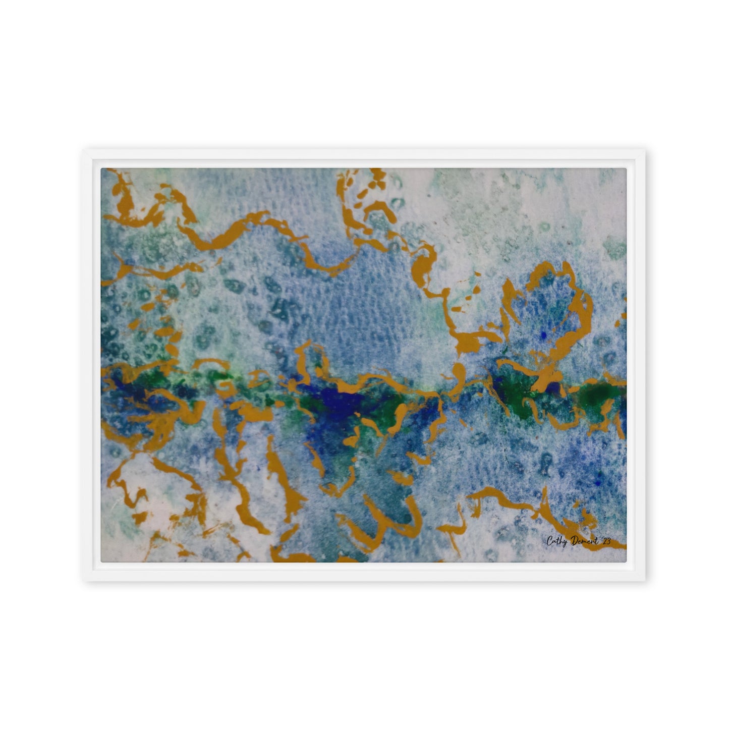 Framed Canvas Print - Celestial Dreamscape #2 - Abstract Watercolor, Blue, Green, and Gold Print, Wall Art