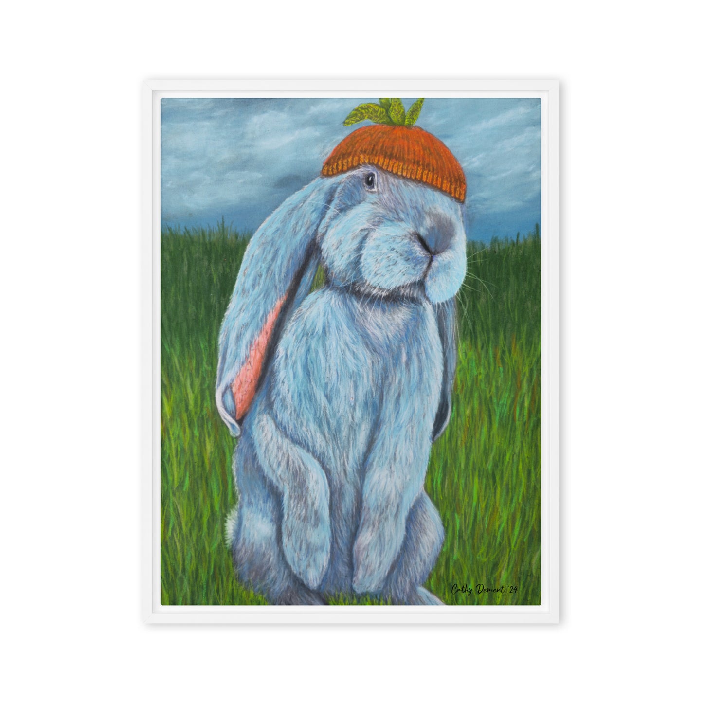 Framed Canvas Print - Carrot Couture, Whimsical Rabbit in Knit Carrot Cap, Wall Art by Cathy Dement