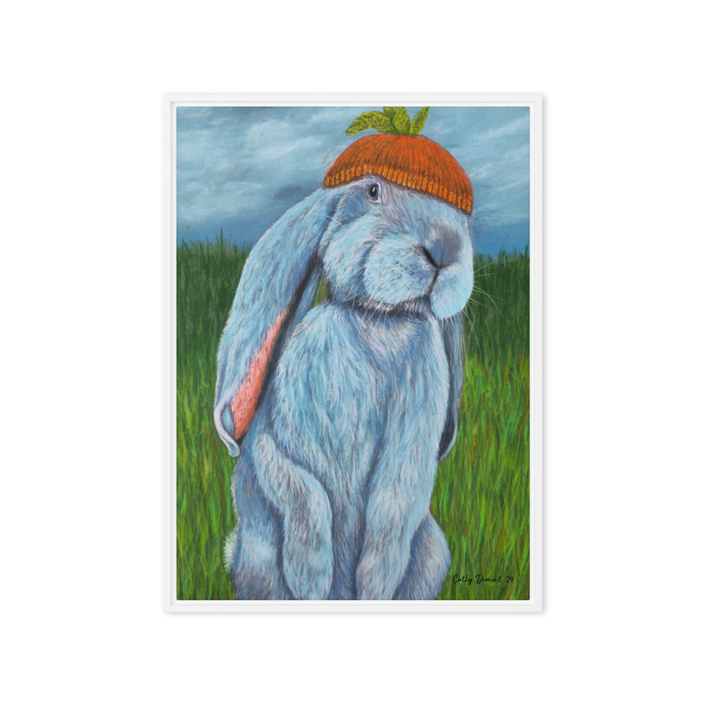 Framed Canvas Print - Carrot Couture, Whimsical Rabbit in Knit Carrot Cap, Wall Art by Cathy Dement